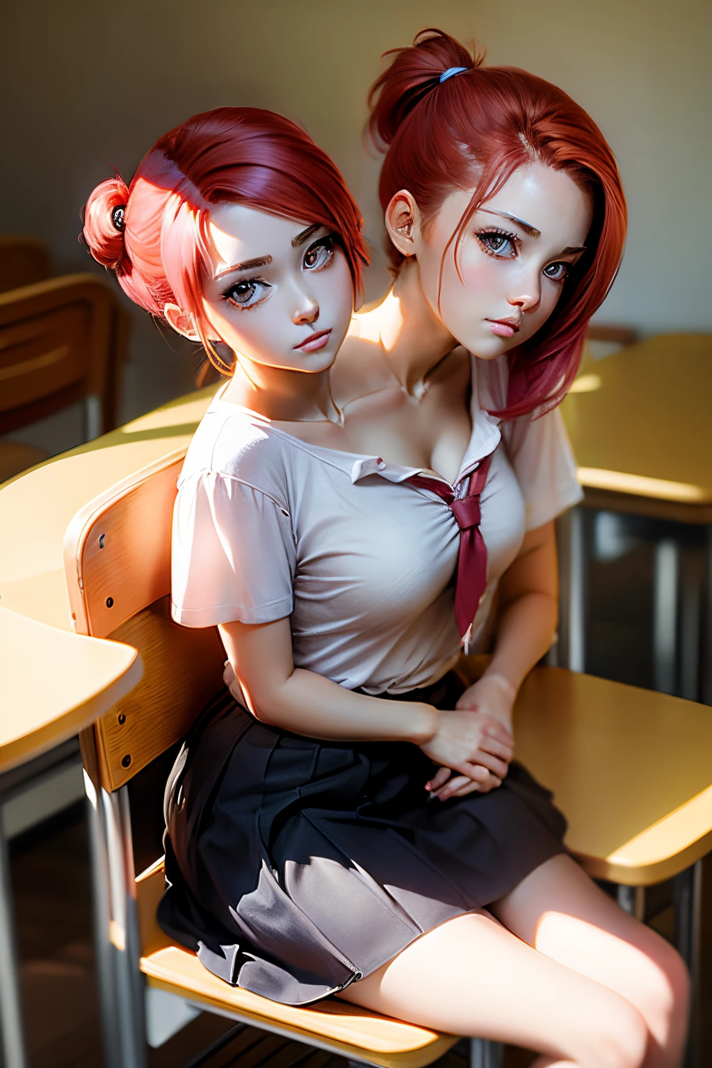 ((mejor calidad, 8k, obra maestra: 1.3)), 2girl, couple, Eliza and Lisbeth class room, Eliza, Lisbeth, classroom, teacher and studient, Teacher, Studient, Luz de la tarde, afecto, lesbiana, pareja lesbianaa, ((LoRA Eliza, black suit, dark skin, 1girl, Teacher)), ((LoRA lisbeth, 1girl, School Uniform, skirt, studient)), kiss, erotic scene, on a desk, dramatic light
