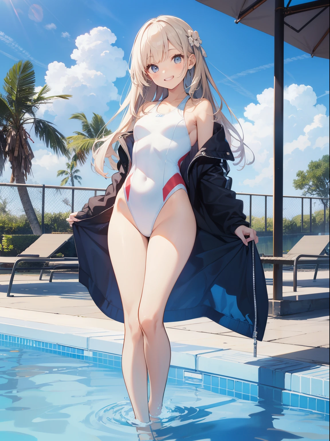 ((2D beautiful girl、top-quality:1.1、perfect fingers:1.1、perfect anatomia:1.1、Beautiful illustration))、cute petit girl、(transform sequence)、((White leotard))、ar old、unior chool studenbaby-face、((stright long ha、Beaul big drooping eyes、Show your teeth and have the best smile、(Full body depiction)、(1 persons)、(onepiece swimsuit)、Poolside with blue sky