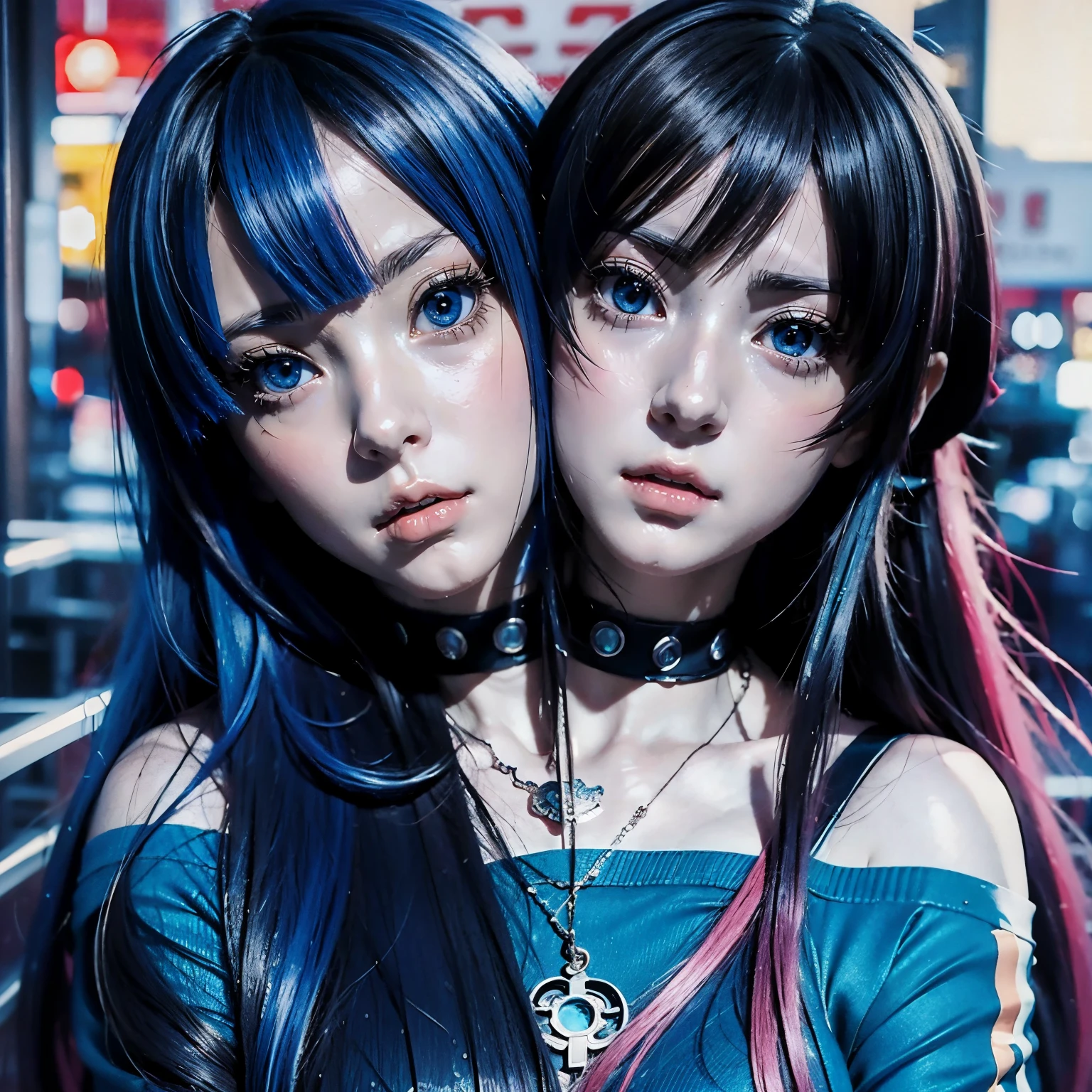 (masterpiece, best quality), best resolution, (2heads:1.5), 1girl, conjoined, perfect face, clear eyes, cyberpunk clothing, anime girl with long black hair and blue eyes and a necklace, two beautiful anime girls, anime girls, twintails, in anime style, cute anime style, in an anime style, beautiful anime style, anime art style, anime moe artstyle, anime style portrait, ecchi anime style, anime style. 8k, (anime girl), anime style 4 k