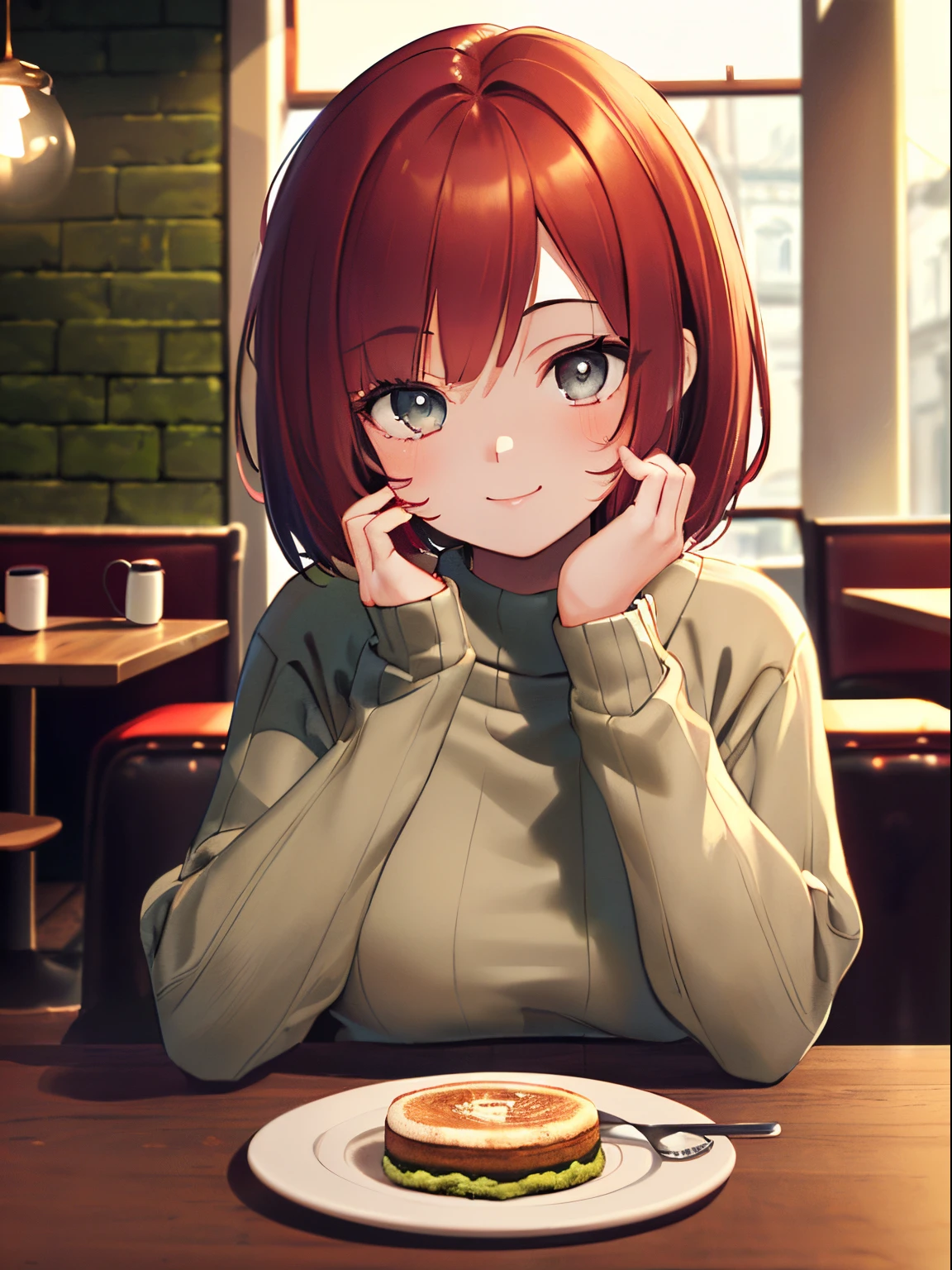 (best quality, masterpiece, high resolution, extreme detailed, best shadow), 1 girl, (soft look), smile, beautiful wine red short bob hair, ((moss green sweater)), (beautiful light grey eyes, cute), ((warm cafe background))