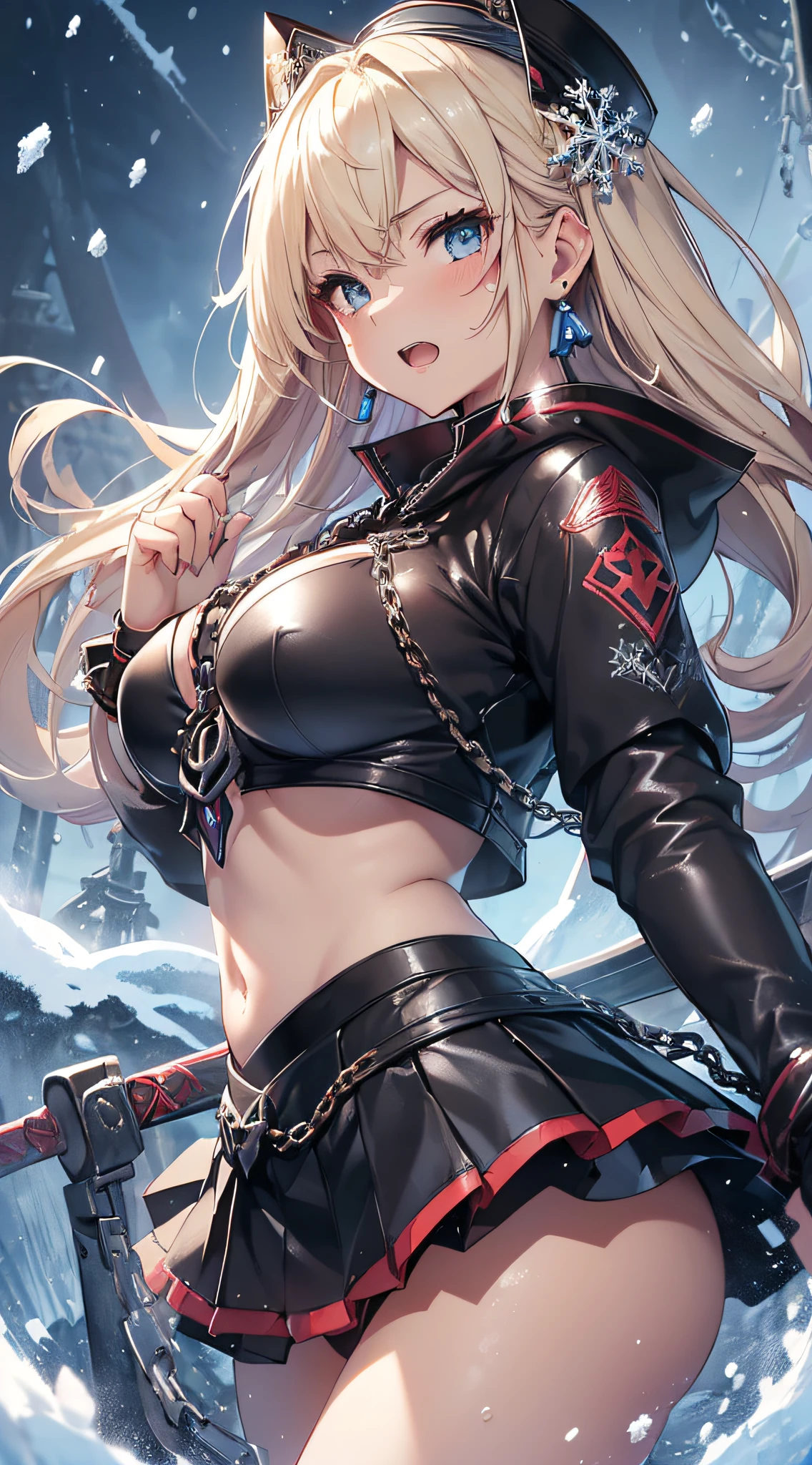 top-quality、Top image quality、​masterpiece、girl with((Black Bikini、black jacket with sleeves rolled up、Black leather skirt、、teen ager、cute lit Bust、big bast,Beautiful light blue eyes、Breasts wide open, a blond、A slender,Large valleys、belligerent movements,Warlike face、anchor chain、chain、Japan holding a sword、dye one's cheeks red、fighting poses、Laugh、sapphire earrings)),hiquality、Beautiful Art、Background with((universes、snowflakes falling、Heavy snow falls、Station platform)))、masutepiece、depth of fields,8K