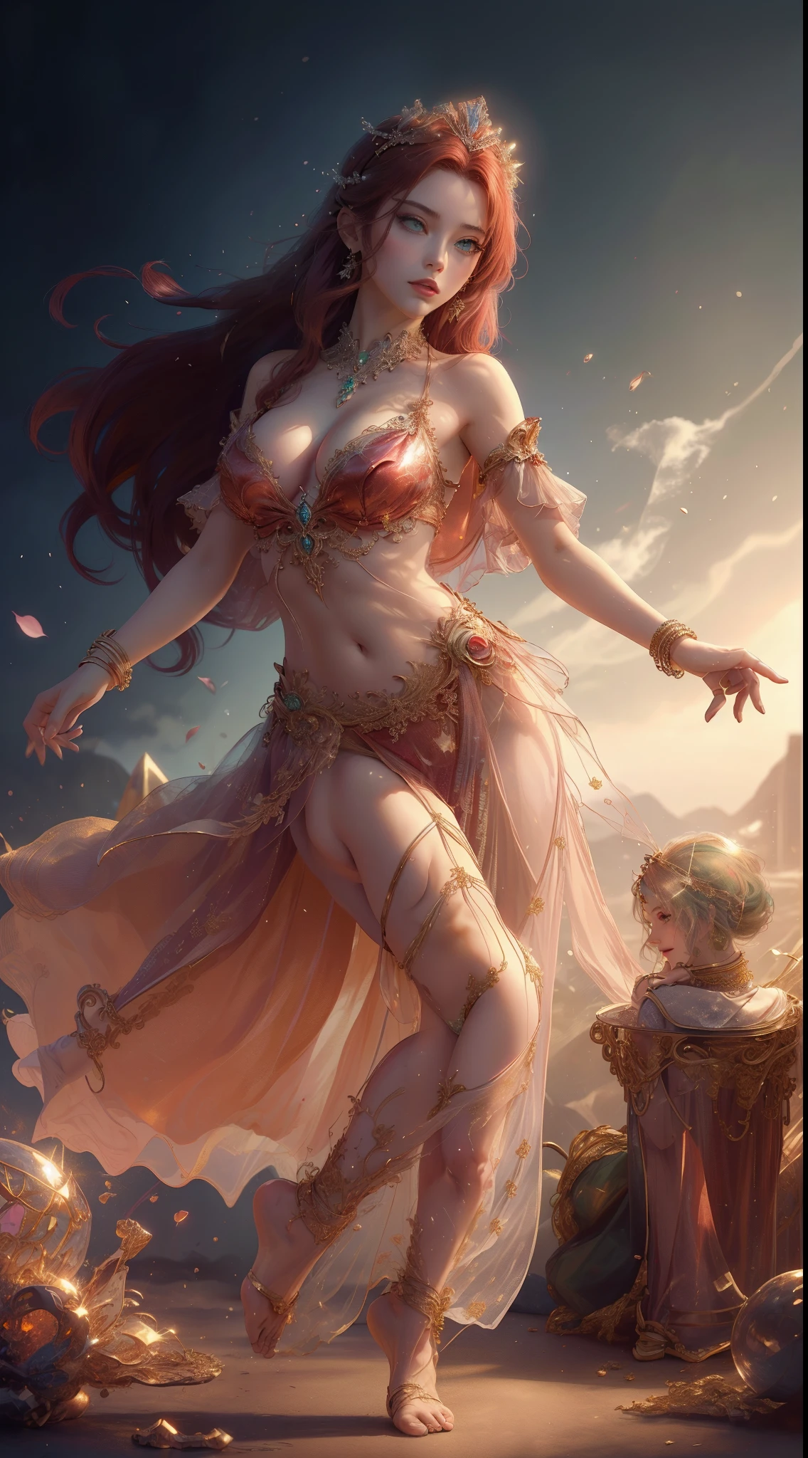 tmasterpiece，Highest image quality，Beautiful full body portrait of noble dancer，Delicate red hairstyle，clear green eyes，Has a dazzling array of、Well made jewelry，veils，Barefoot，Ultra-detailed details，advanced。At the Pixiv Art Station，Break your own power，Luigi，Big breasts exposing cleavage，R-18G