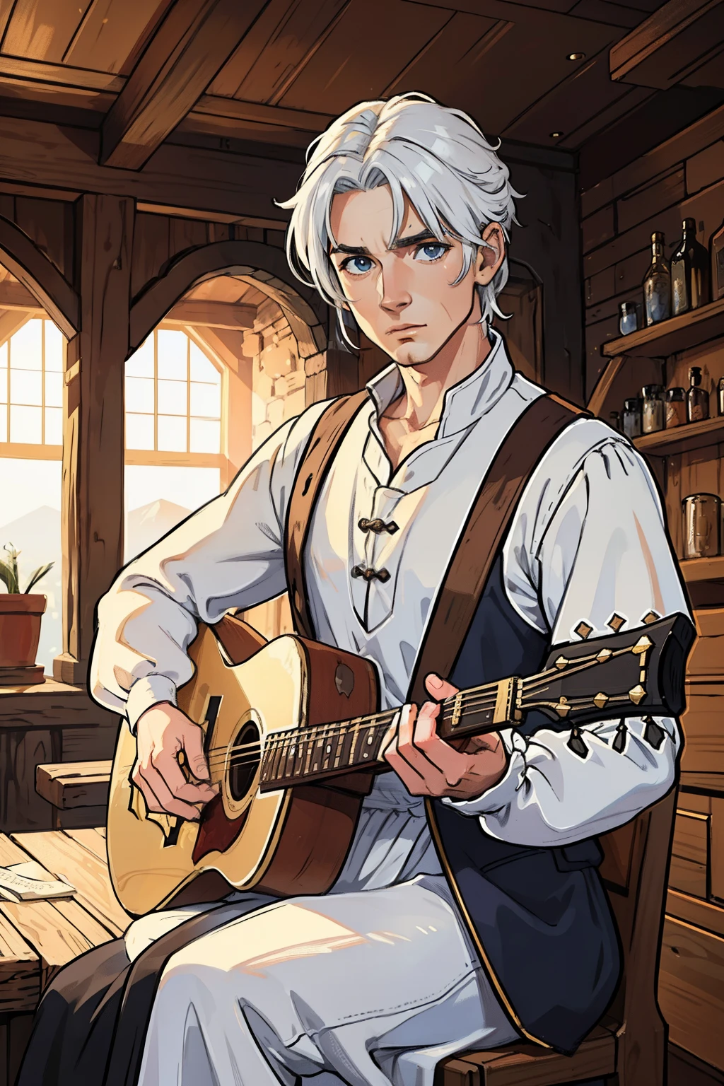 a handsome man with straight white hair his hair is of medium length at ear height like a channel-style haircut this man wears elegant medieval costumes has a captivating smile as he is a gallant he is with his lute as he is a bard in a tavern playing music for some beautiful women, this man wears bard clothes elegant medieval clothes beautiful fabrics an artist's outfit he is a bard for medieval rpg of DND