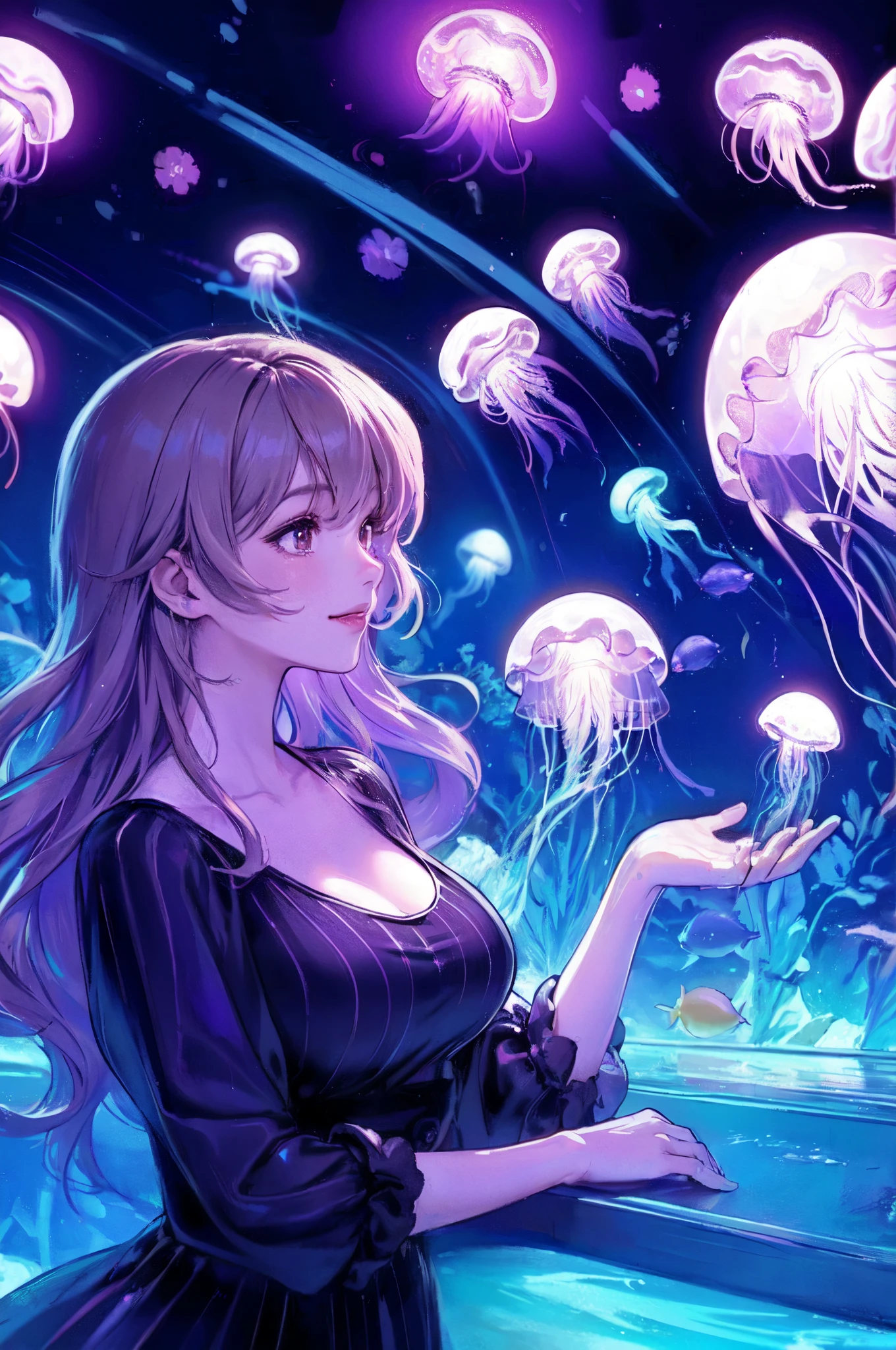 1lady solo, staring at jellyfish in the tank, /(stylish outfit/), mature female, /(light brown hair/) bangs, light smile, (eyes sparkling with fascination), (masterpiece best quality:1.3) delicate illustration ultra-detailed, large breast BREAK (jellyfish glowing neon under the black light) BREAK (dimly lit room of an aquarium indoors) BREAK black light art