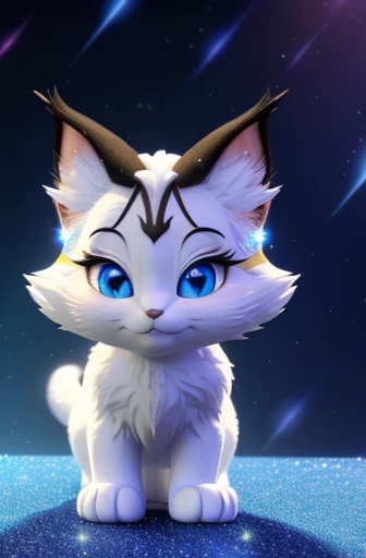 Disney cartoon character, chibi, kind fluffy white cat with shiny silver hair in glitter and blue eyes and smile, hair sprinkled with glitter dust, magic glitter, full length, unreal engine render, 8k