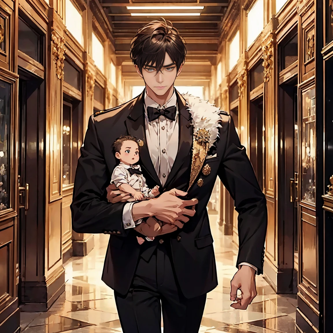 Roman Emperor Constantine the Great resurrected in modern times。34 years old。one adult male。Long body。broad shoulder。thick neck。eyes like a lion。Bright and sharp eyes。He cherishes his young son Crispus and holds him in his arms lovingly.。Surrounded by the light of infinite love。they are happy father and son。Sincere and kind。Kind and reliable。Deal with it sternly if necessary.。talented and hardworking businessman。successful gentleman。careerist。he is wearing a high quality white suit。dark purple tie。Light purple shirt。forceful。An overwhelming sense of control。Happiness in love。romance novel hero。Bold composition。look up to。lyrical。Dramatic。heartful。Romantic。Travel situation。Exotic。Romanticism。Mysterious。opulent。elegan。elegance。Croatia in the sunset、pula background。repentance。Forgiveness。soothing。reconciliation。「merit of injury」「A disaster turns into a blessing」「It rains and the ground hardens」夏天。Mare。Resort。vacation。Summer resort。masterpiece。top-quality。Super beautiful。The ultra -The high-definition。detaileds。exquisite。(masutepiece, Digital Art, Digital Illustration, 4K, 8K, Ultra-detailed, beautiful image, Sharp Image, Photorealistic, Raw photo, Perfect face, Perfect lines, Perfect eyes, Soft lighting)