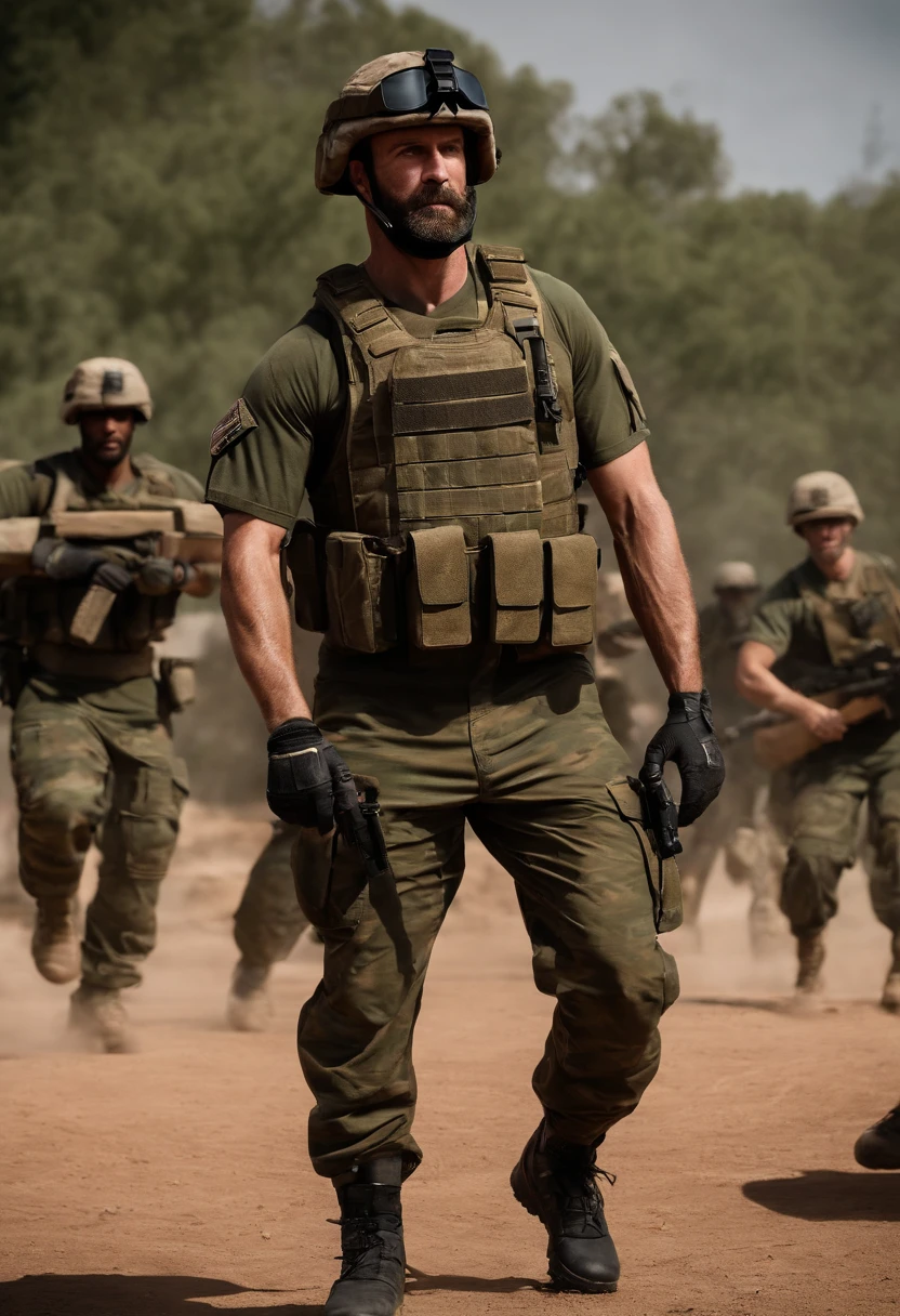 The image is of Captain Price and some Task Force 141 soldiers participating in a friendly game of soccer in the outdoor training field.,Modern Warfare series,Captain John Price is a tall man in his 30s, famously portrayed by actor Barry Sloane. He wears a boonie hat, has a mutton chops styled beard, and often wears tactical equipment fit for a soldier. , male