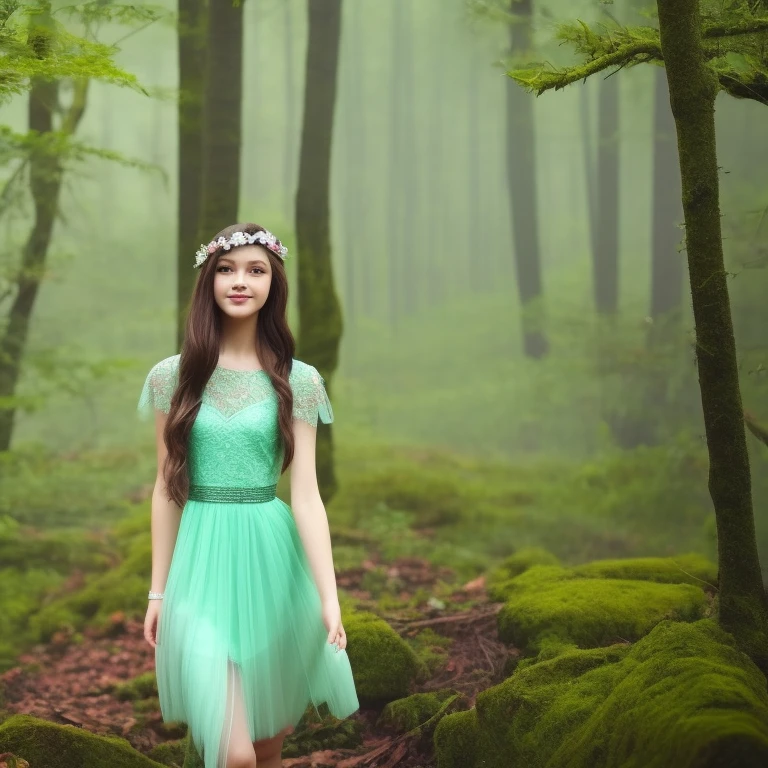 gem-like eyes,teens girl,In the green forest,Fog,Delicate magic green long hair,Delicate hair accessories,lively and lovely,Delicate long dress,blossoms,Streamers,The upper part of the body