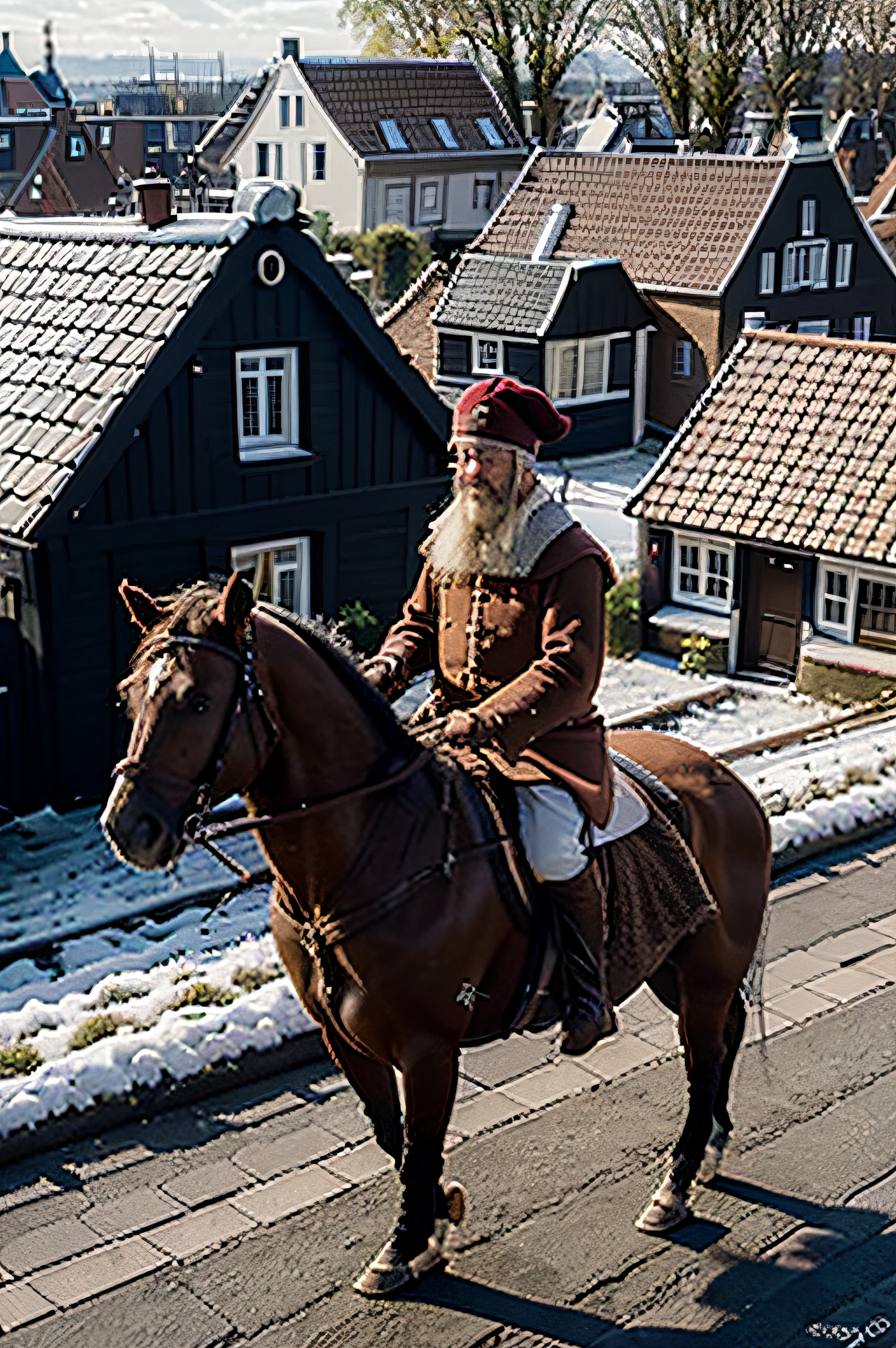 Create a Dutch Sinterklaas on a horse walking on the roofs of a typical dutch house