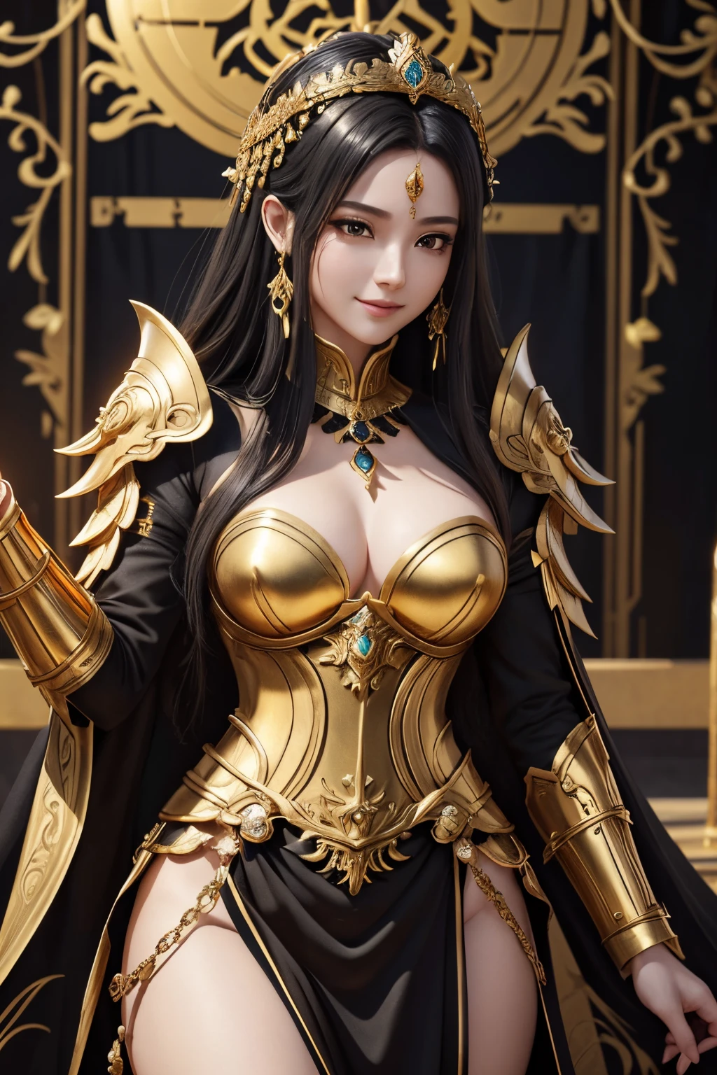 8K,Goddess of Arafo wearing black and gold armor, Beautiful fantasy empress with small breasts, gray long hair,Golden eyes,tiny chest,royal elegant pose, 8k high quality detailed art, elegant cinematic pose, 3 d render character art 8 k, ((a beautiful fantasy empress)), goddes, Goddess. extremely high detail, extremely detailed goddess shot, 2. 5 d cgi anime fantasy artwork,Holds a luxurious black and gold cane,超A high resolution,Super precise hand details,a smile,Temple of the Forest,Golden decoration(delicate golden work)enticing,A sexy,