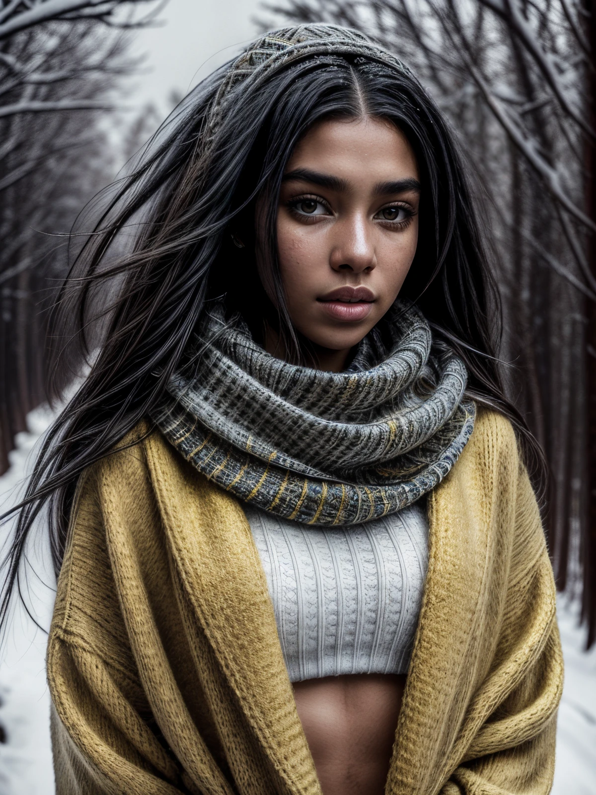 high angle photo of a gorgeous young ebony girl 16years old in the style of stefan kostic, dua lipa, very long hair, very big yellow eyes, realistic skin texture, look down, black Knitted scarf, yellow jacket, black leggings, slender hips, 1 / 2 body crop, 8 5 mm art lens, f 1. 2, sharp focus, 8 k high definition, insanely detailed, intricate, elegant, shot by professional photographer Amanda Carlson, winter, snow day, (more snow:1.3),