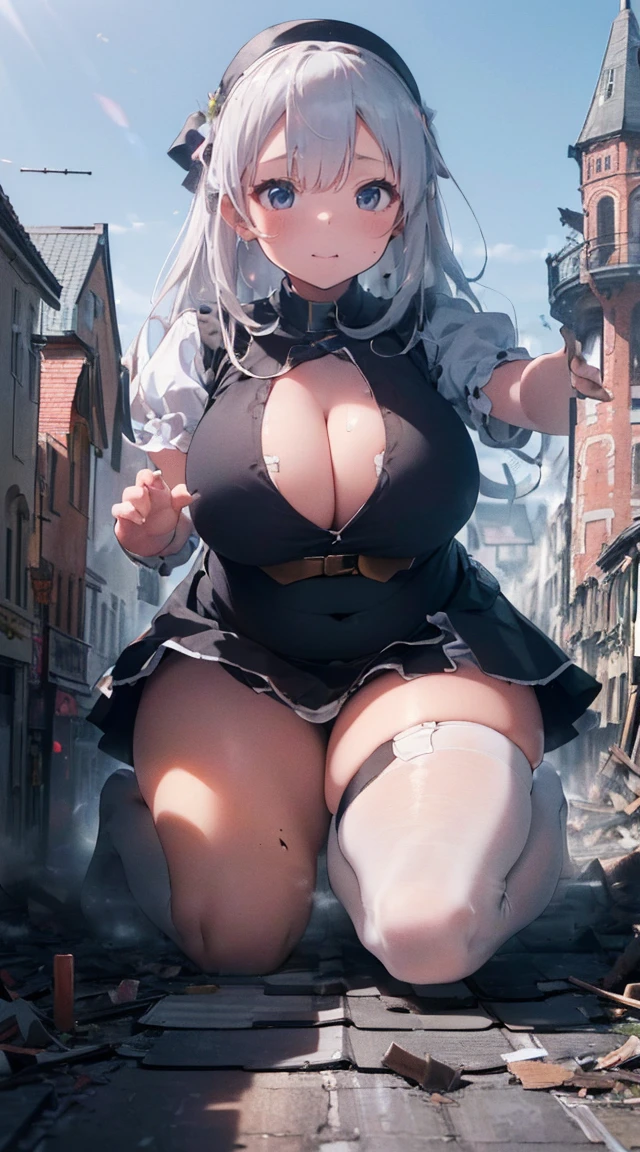 ((((((Reaching Out 1.3)))))),(((((A city in ruins at your feet))))),((((Kneeling)))),Fantastic,long legged,(((A Princess))),(((((Full body depiction))))),((((Randomly sexy poses)))),((((Beautiful soles))))、((((Five fingers on a beautiful sole)))),Big Chest Ribbon,((Teary-eyed)),((((((Colossal tits)))))),((embarrassed from)),Blushing,(((((((Big girl sitting on the roof of the church beyond the tower))))))),((((lowfers)))),the Extremely Detailed CG Unity 8K Wallpapers,top-quality,ultra-detailliert,masterpiece,realisitic,Photo Real,Bright lighting,extremely detailed cute girl,18year old,Innocent big eyes,A detailed eye,(Silvery hair),(shorth hair),(bangss),flawless skin,shinny skin,fair white skin,Fine skin,((((large full breasts)))),((((((plump thighs)))))),((perfect anatomia,nice hand,perfect hand,Five fingers connected to the palm of the hand,accurate hands without incongruity)),Show off panties、pantyshot、(((Super Huge Girl Cute Princess Dress Costume、white colors)))、(((knee high socks))),front facing,(fumo),(fires),(((Rubble Town)))、Ground cracking,
