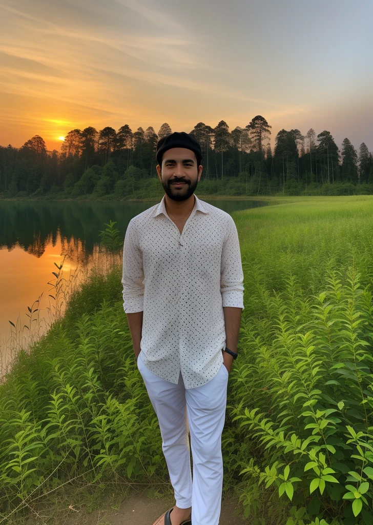arafed man with black cap standing in front of a lake at sunset, with sunset, in front of a forest background, during sunset, at a beautiful sunset, assamese aesthetic, taken at golden hour, with a sunset, during a sunset, during golden hour, background is heavenly, at the sunset, at golden hour, near a lake, amidst nature