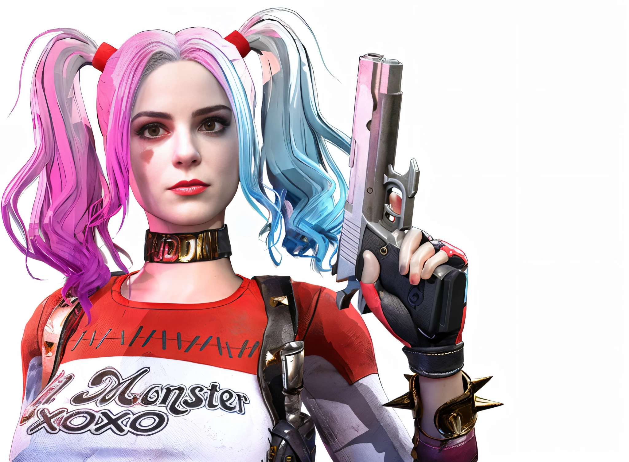 Close-up of a woman holding a gun and wearing a costume, Harley Quinn, harley queen, harley quinn, Portrait of Halle Quinn, harley quinn stand, Highly detailed iconic characters, Harley Quinn movie stills, 3D rendering character art 8k, Art germ ; 3d unreal engine, hq artwork, Emma Watson is Harley Quinn, Black Harley Queen Cosplay