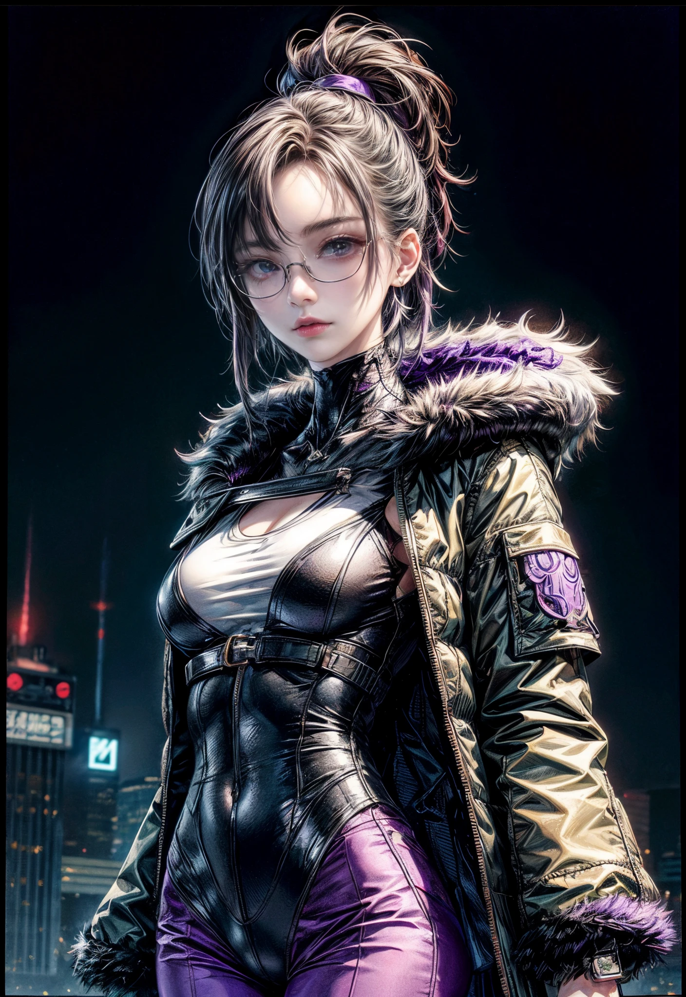 Cinematic lighting,super detailed skin、Beautiful detailed eyes、Best Quality,cyberpunked,(Alternative、dim colors, Soothing tones、Perfect Anatomy:1.3),(1beautiful woman、Detailed beautiful facial features:1.3)(black hair shorthair、eye glass:1.5)well-shaped breasts、BREAK.White Shirt Tops、Black Satin Suit Slacks、(purple fur down jacket)BREAK.A dark-haired、big frame glasses、hands in the pocket、arms in arms、Near city station、natta。jpn