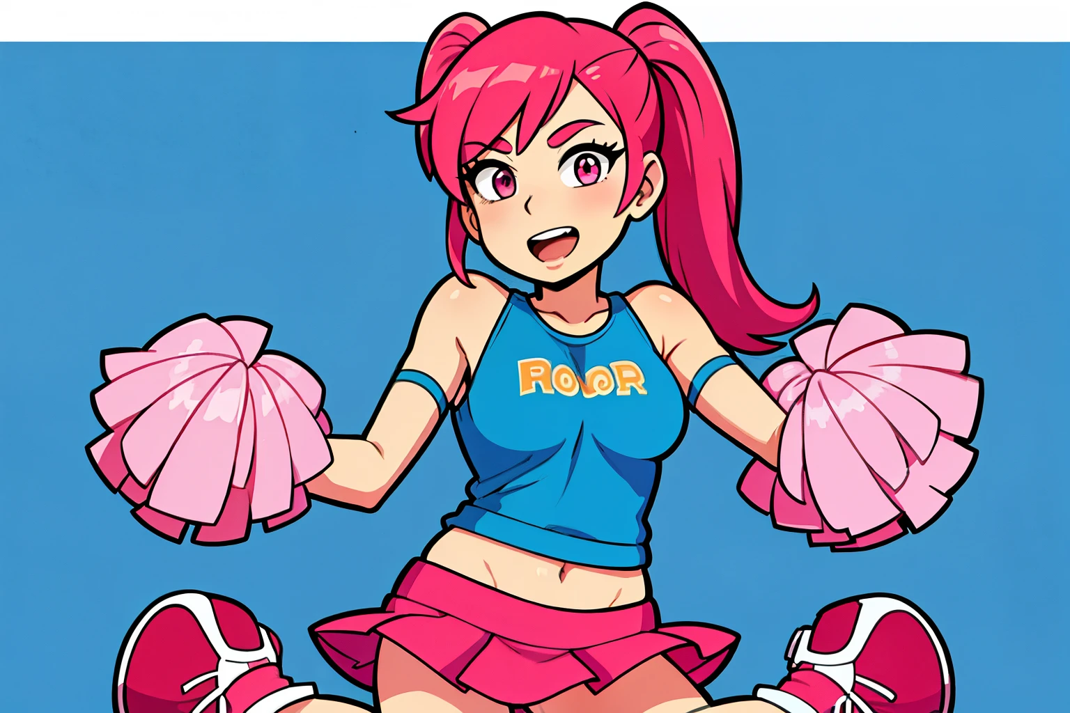 a beautiful woman in short cheerleader outfit posing in an advertisement for a gym, solo, 1girl, pom pom (cheerleading), cheerleader, pink footwear, shoes
