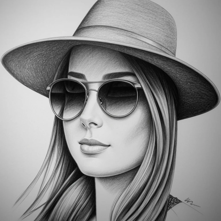 a drawing of a woman with sunglasses and a hat, realistic sketch, detailed pencil drawing, desenho de realismo, desenho realista, detailed pencil sketch, hyperrealistic sketch, pencil draw, pencil drawing, pencil draw, Photorealistic drawing, pencil art on paper, detailed sketch drawing, Pencil sketch, desenho altamente detalhado, realistic pencil drawing, Estilo de desenho bonito, pencil drawing illustration