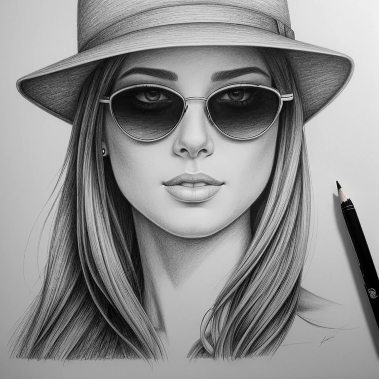 a drawing of a woman with sunglasses and a hat, realistic sketch, detailed pencil drawing, desenho de realismo, desenho realista, detailed pencil sketch, hyperrealistic sketch, pencil draw, pencil drawing, pencil draw, Photorealistic drawing, pencil art on paper, detailed sketch drawing, Pencil sketch, desenho altamente detalhado, realistic pencil drawing, Estilo de desenho bonito, pencil drawing illustration