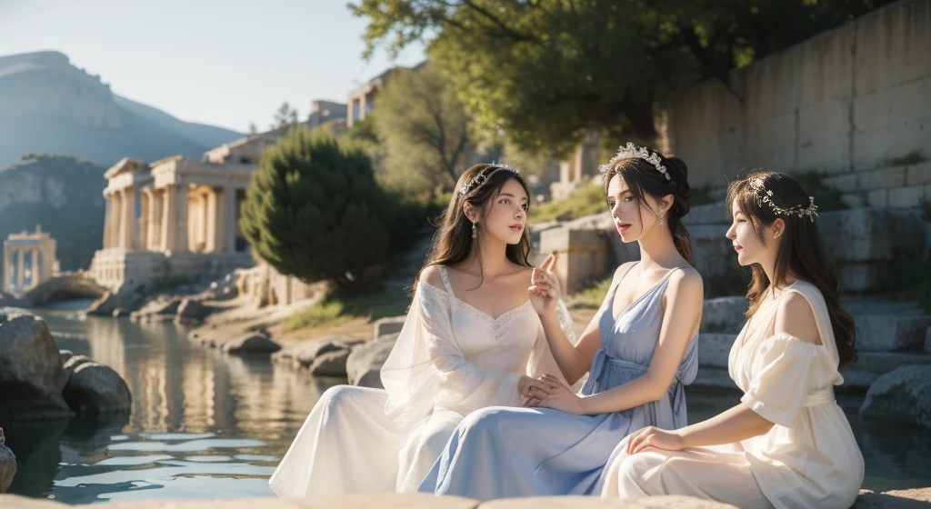 (top-quality、hight resolution、masterpiece)、((Watercolor in Sargent style))、(David Hamilton Style)、(softfocus)、ancient greek scene 、The world of Bilitis songs、(greek female bard)、22year old、((美丽的面容))、(Well-formed eyes and nose)、Bewitching smile、(Detailed depiction of the face)、Classic hairstyles、Beautiful figure、detail portrayal、(ancient greek clothes)、(White tunic)、greek toga、(Three Women)、(three women are sitting on rocks in the river)、(Accurate hand and finger depiction)、Cinematic scenes、ciinematic light、softlight、raytrace、luminous sky、greek architecture columns、greek pine、(nostalgia)、classic vibes、Blur the background、