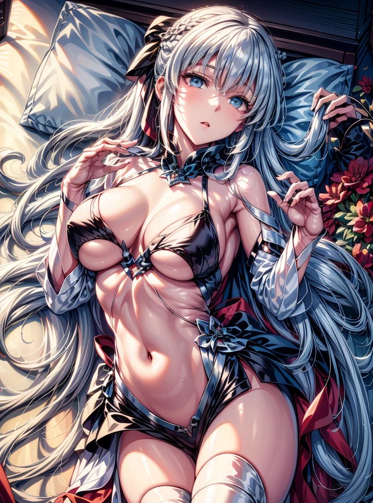 (masterpiece ,Best Quality,Insanely detailed),Beautiful 8K CG artwork,1 absolutely beautiful woman,solo,morgan le fay (fate),detailed face, perfect face, perfect eyes,detailed and beautiful eyes,Twinkle Eyes,blue eyes,Long Hair, pony tail,Very long hair, big boob, black bow,Hair Bow, thighs,side locks, French braid, grey hair,Goddess-like posture,Kneeling exercise,Slim and soft,Translucent skin,big breasts,perfect figure,Glossy lips, Perfect Anatomy , Perfect five fingers,Attractive,amazing, Super Fine Age,dangerous beast,