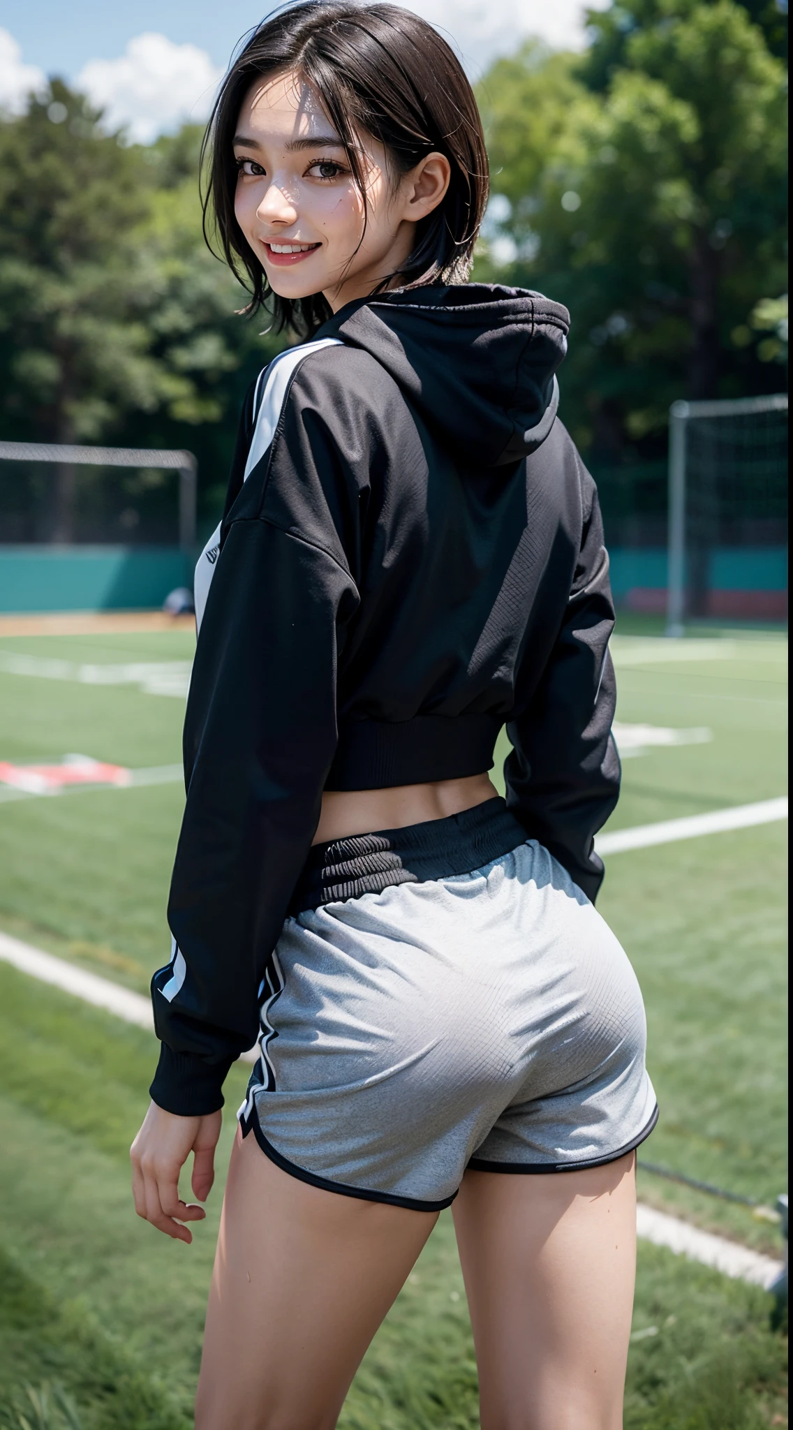 ((Track Shorts)), (Sweatshirt jacket), athletic field, Smiling smile, (facing back:1.5), 1womanl, 独奏, 18year old, 7headed body, (Ideal ratio body proportions), erectile nipple, Sexy body, Wet, short-hair, A dark-haired, small tits, A slender, Small buttocks, beauty legs, Skinny Legs, surrealism, Cinematic lighting, depth of fields, One-person viewpoint, F/1.8, 135 mm, nffsw, masutepiece, ccurate, ((Anatomically correct)), Textured skin, Super Detail, high details, High quality, awardwinning, Best Quality, hight resolution, 8K