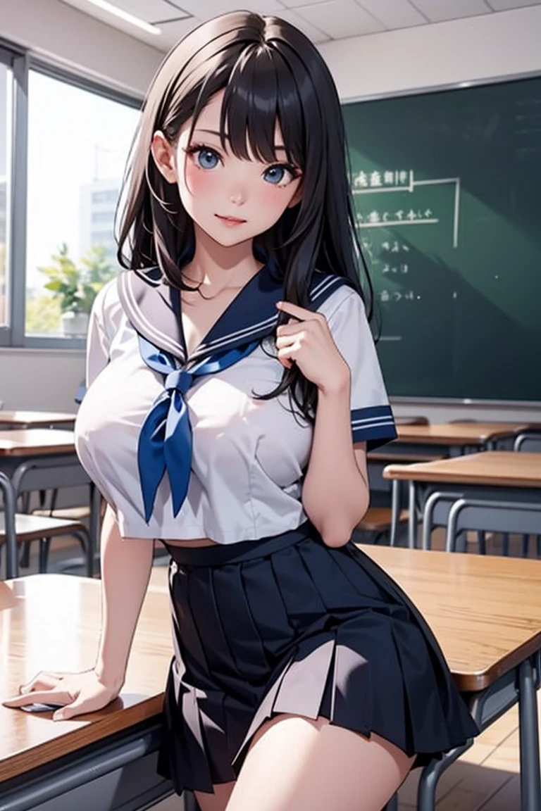 school classrooms、High school girl operating a smartphone with a smartphone attached to her arm。Beauty JK,Colossal tits、a sailor suit、skirt by the、A dark-haired、