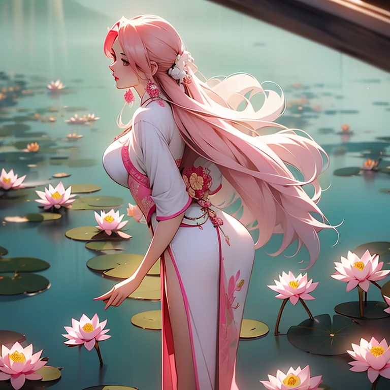 Girl with long pink hair,exquisite facial features,Curled with a Han-style hairstyle,Wearing an exquisite Chinese costume,lotuses