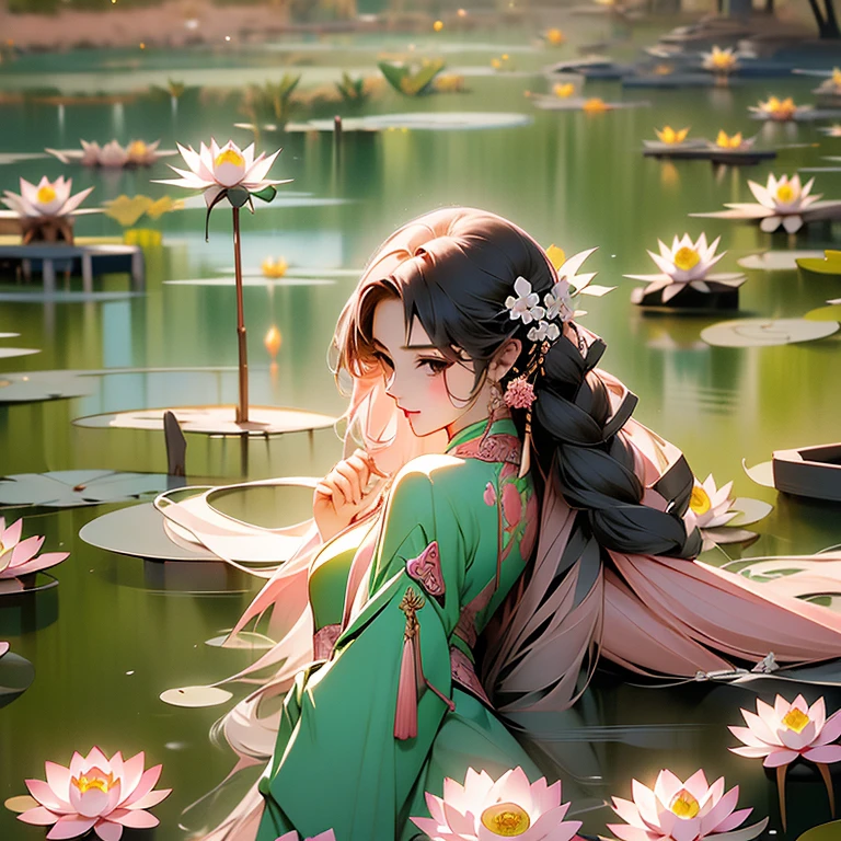 Girl with long pink hair，exquisite facial features，Curled with a Han-style hairstyle，Wearing an exquisite Chinese costume，lotuses