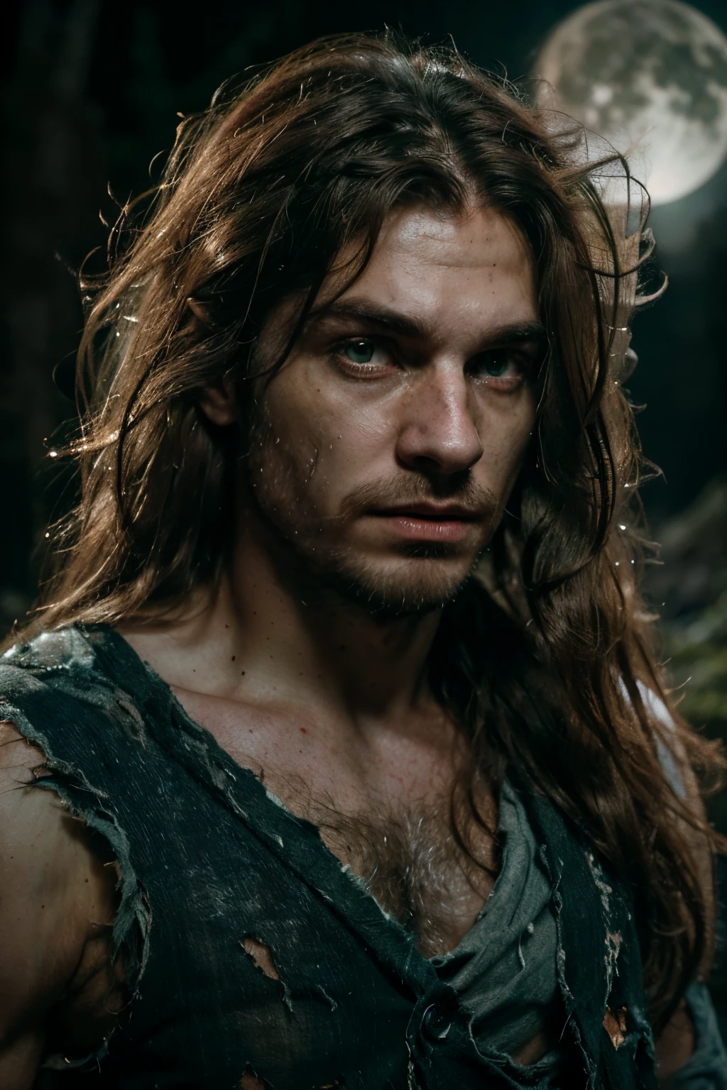 (((Bestial Traces))), (extremely detailed 8k wallpaper), Dark Theme, (25 years old man), (((uses rags torn clothes))), fine focus, (pale skin), (hairy man), (subsurface dispersion:1.1), (((long brown hair))), (((green eyes))), expression ((serious)), award-winning photography, dramatic lighting, centered face, full moon, in a mountain at night.