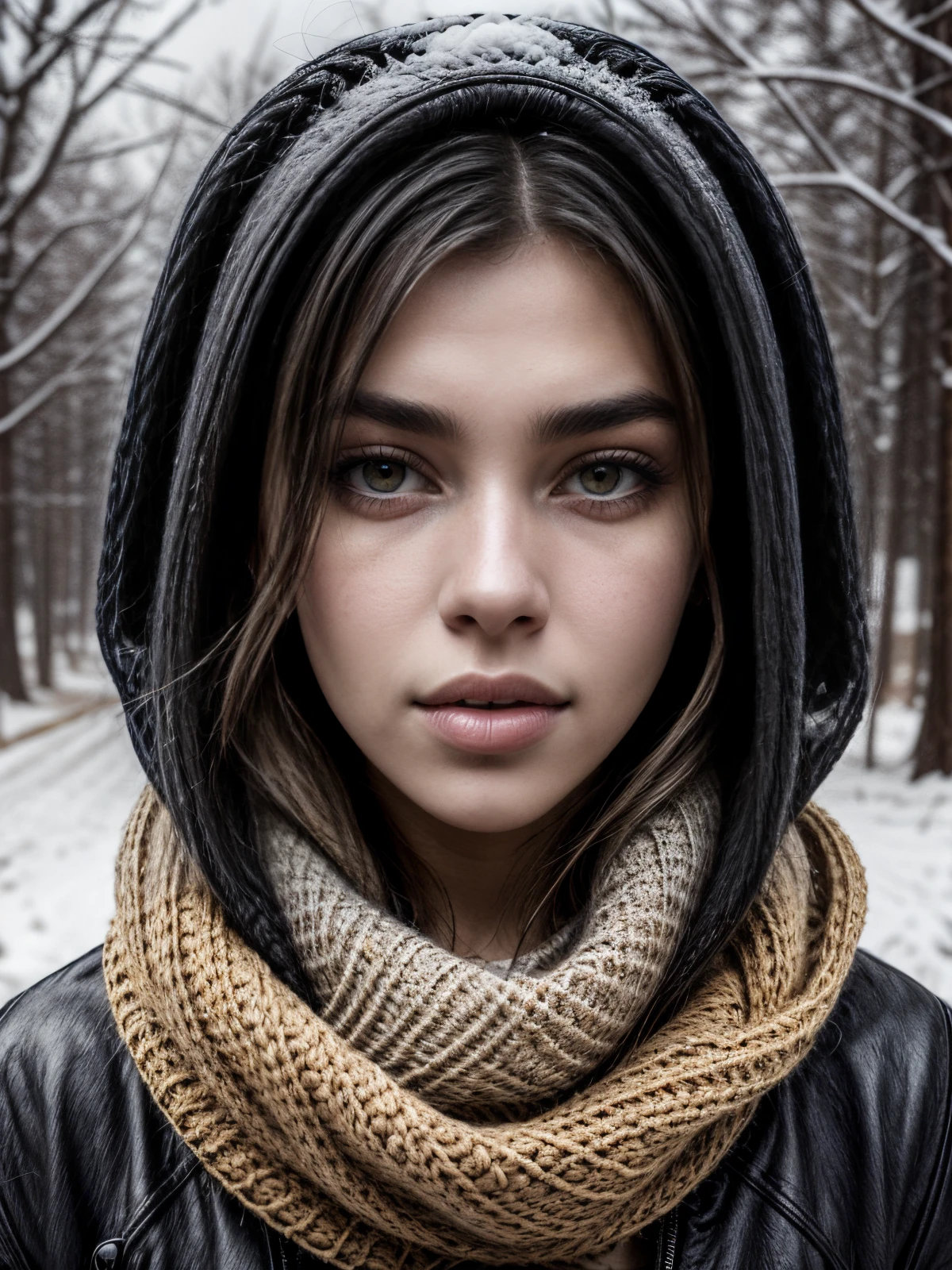 high angle photo of a gorgeous young ebony girl 16years old in the style of stefan kostic, dua lipa, very long hair, very big yellow eyes, realistic skin texture, look down, black Knitted scarf, yellow jacket, black leggings, slender hips, 1 / 2 body crop, 8 5 mm art lens, f 1. 2, sharp focus, 8 k high definition, insanely detailed, intricate, elegant, shot by professional photographer Amanda Carlson, winter, snow day, (more snow:1.3),