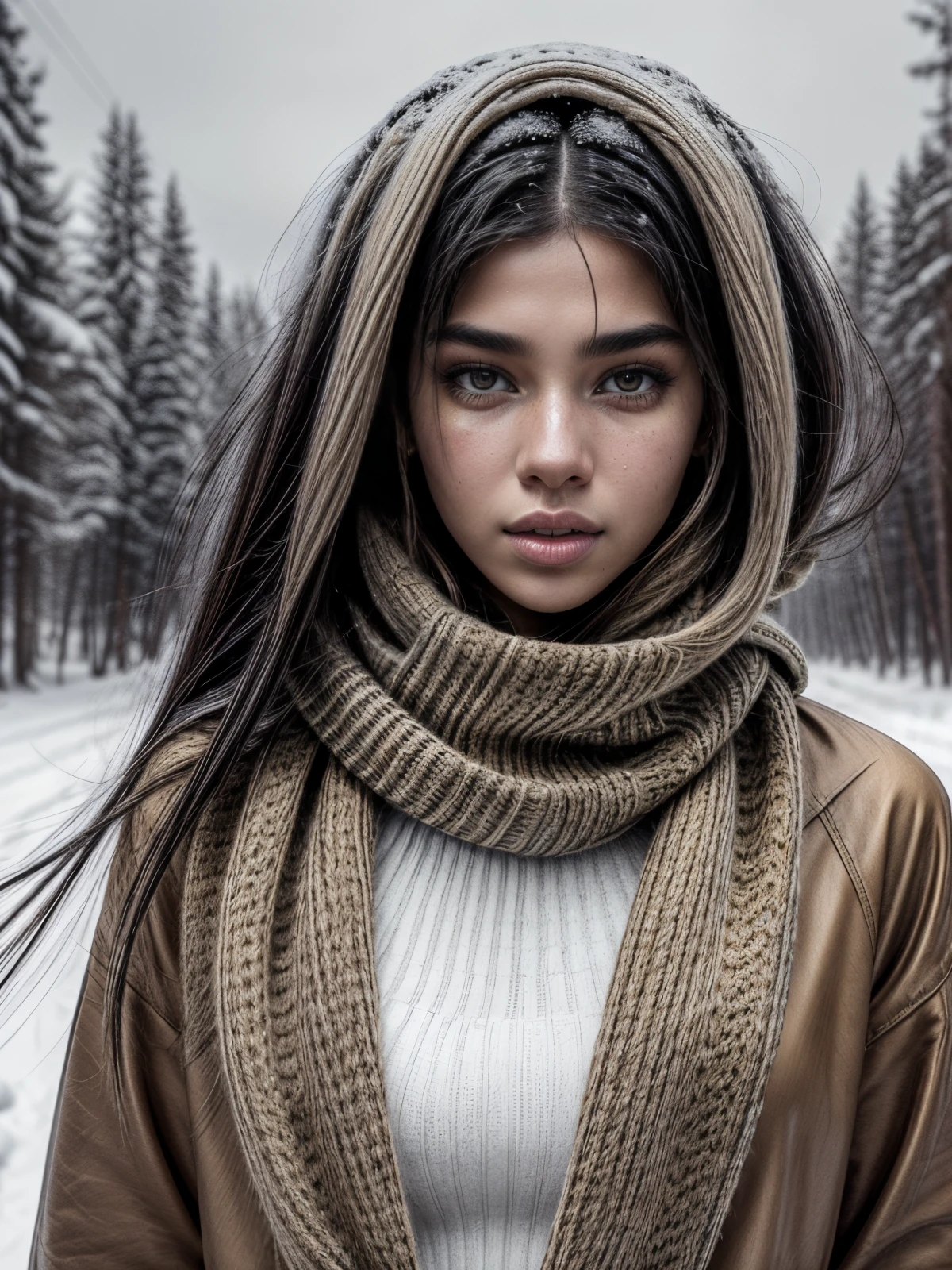 photo of a gorgeous young ebony girl 16years old in the style of stefan kostic, dua lipa, very long hair, very big yellow eyes, realistic skin texture, look down, black Knitted scarf, yellow jacket, black leggings, slender hips, stunning woman, . Model show, sexy pose, Soft Kama Sutra, 8 k high definition, insanely detailed, intricate, elegant, shot by professional photographer Amanda Carlson, winter, snow day, (more snow:1.3),