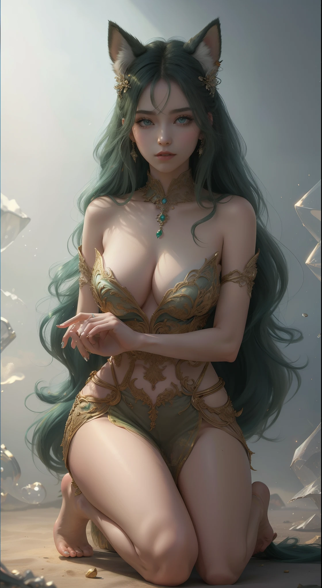 Body is extremely normal,tmasterpiece,Highest image quality,The beautiful kneeling posture of the noble dancer,Exquisite green hairstyle for long hair,clear green eyes,(fox ear,furry tail),(veils),barefoot manicure,Ultra-detailed details,advanced。At the Pixiv Art Station,Break your own power,Luigi,Big breasts exposing cleavage,R-18G