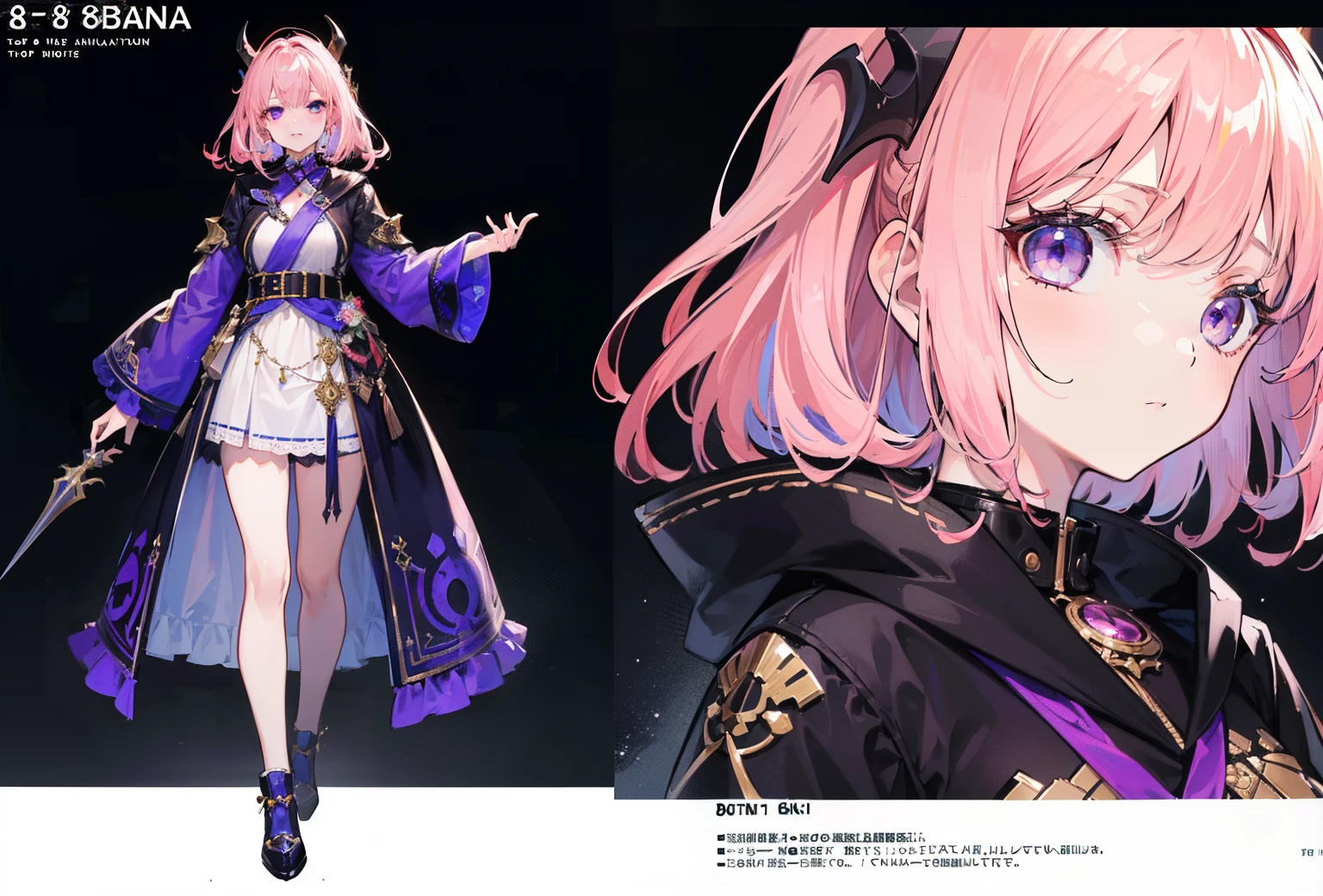 (((8K,top-quality)))1 young girl, character sheets, concept-art, full body Esbian, (masterpiece:1.2), (Top image quality:1.3), 1girl in, is standing, length hair,Adulterous demons,Light pink hair,purple eyes arrive,