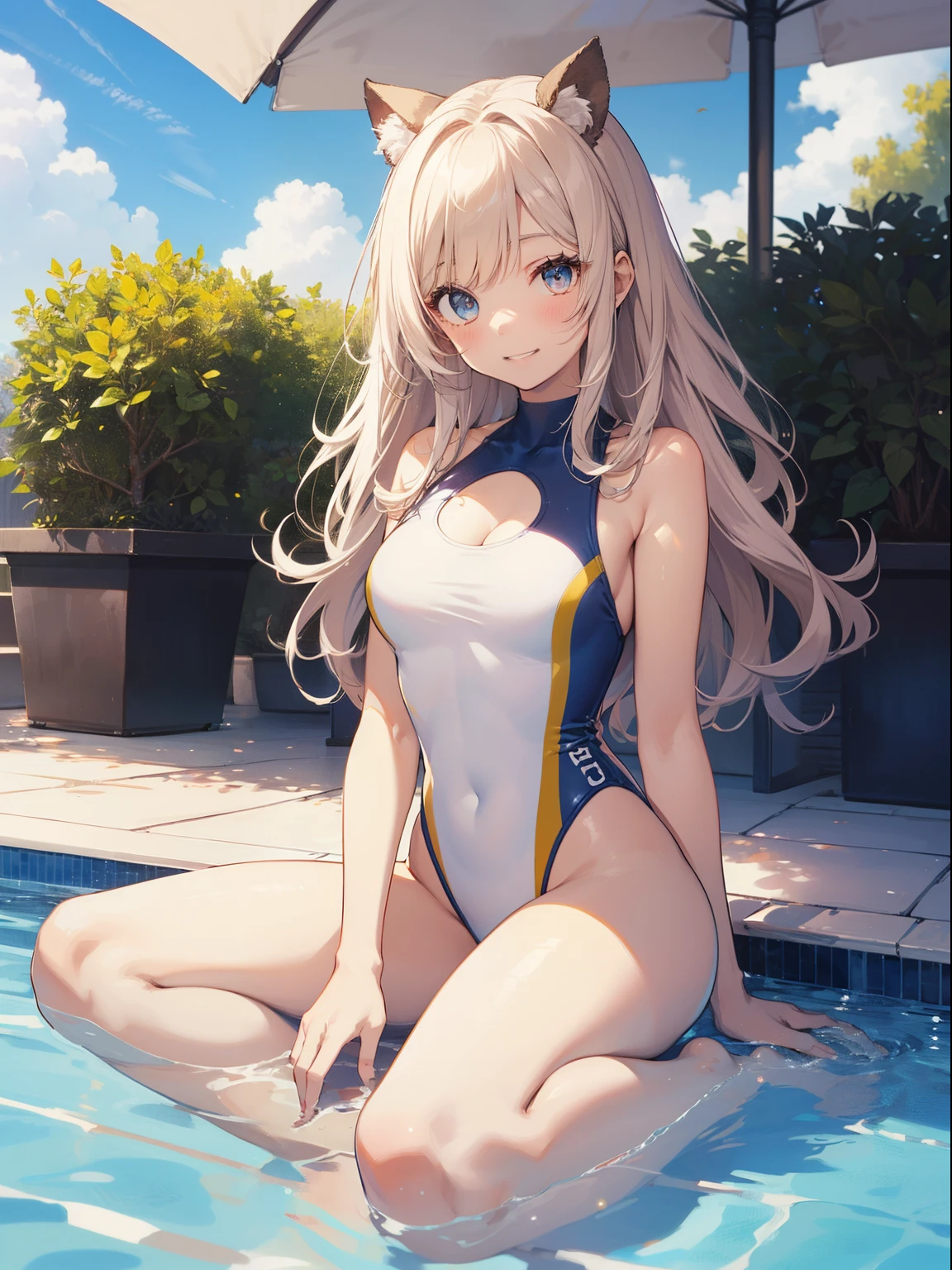 ((2D beautiful girl、top-quality:1.1、perfect fingers:1.1、perfect anatomia:1.1、Beautiful illustration))、cute petit girl、(transform sequence)、((White leotard))、12year old、a junior high school student、Fractal Art、baby-face、((stright long hair))、Beautiful big drooping eyes、Show your teeth and have the best smile、(Full body depiction)、(1 persons)、(onepiece swimsuit)、Poolside with blue sky、Place your hands between your legs in a sitting position