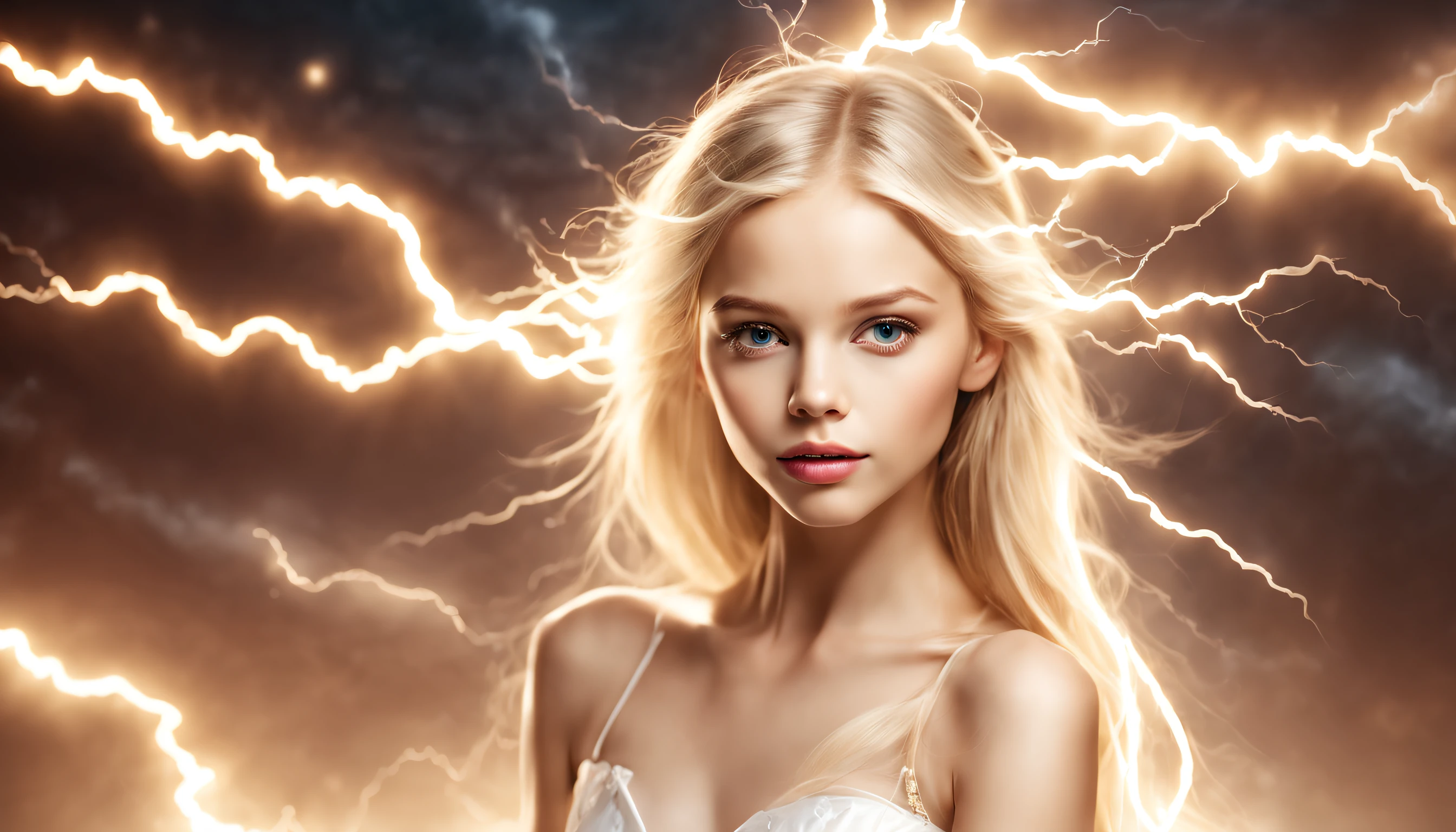(master part, alta qualidade, best quality, Arte Oficial, Beauty and Aesthetics:1.2),(1 CHILDREN long blond hair 1.3),formal_vestir,casamento_vestir,(Uma menina envolta em raios irradiando raios),Composed of Thunder Elements,thunders,eletricidade,transparency,((Translucent luminous body)),