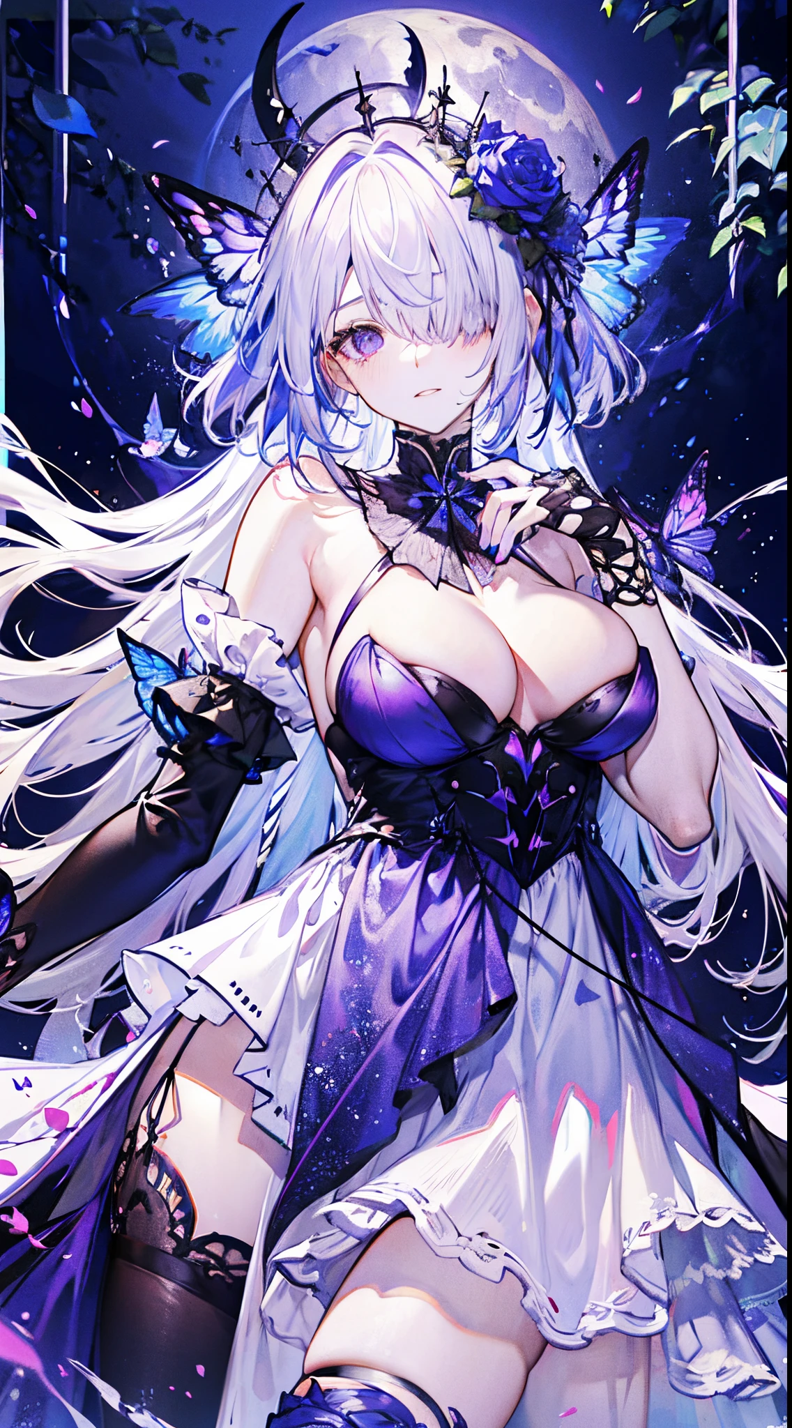 silber hair,butterflys,Long gray hair,8k wallpaper,detailedbackground,Highest resolution,Deep V large breasts,hair over eye,Bando,Church background,purple roses,Tight,themoon,livestock