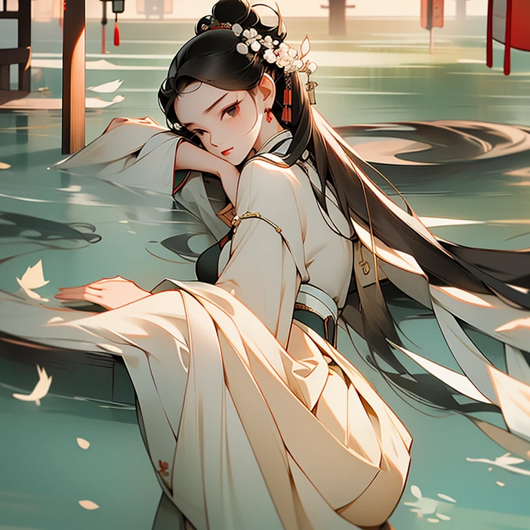 Chinese girl,She is gentle and elegant,She puts her hair up,Has black hair,黑The eye,the Tang Dynasty,Hanfu tops and Hanfu long skirts,lanterns