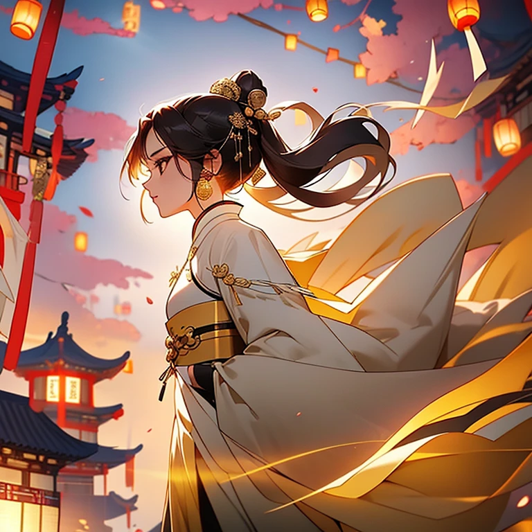 Chinese girl,She is gentle and elegant,She puts her hair up,Has black hair,黑The eye,the Tang Dynasty,Hanfu tops and Hanfu long skirts,lanterns