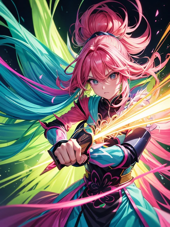 Fluorescent pink hair、Fluorescent Green Clothing、neon color、Vivid Color、battle garments、length hair、illustratio、Saturated colors、Dynamic angles、dynamicposes、Rin々Shishi Face、Dynamism、Single、1 persons、male people、Attack、masterpiece、Best Quality、4K、The sword、A warrior、ember、man、