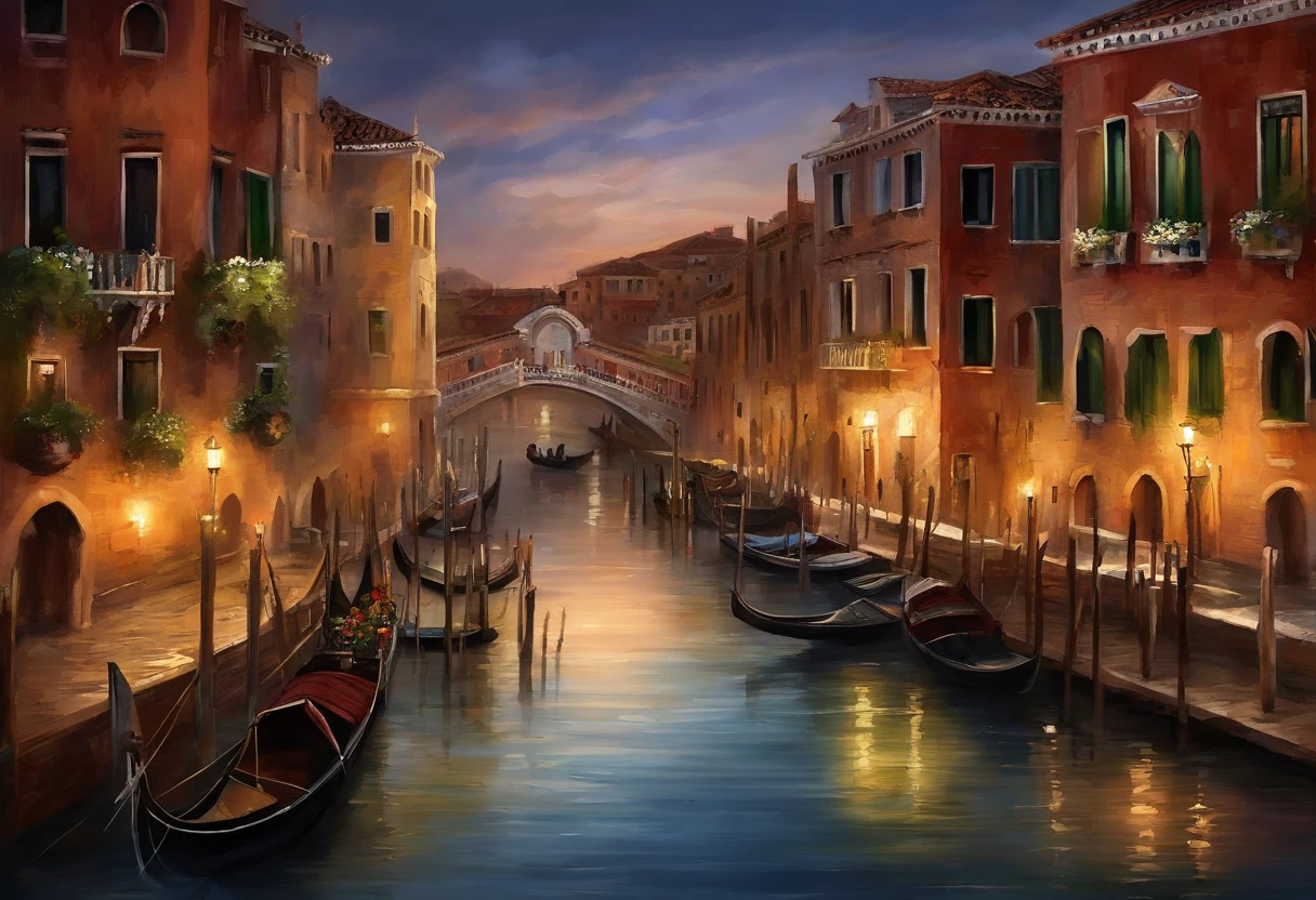 Venice City of Water,This image shows an ornate architectural complex at dusk。In the center is a gorgeous building、richly decorated building,with spiers and domes,Bright exterior lighting。There are tall towers on both sides of the building,The top is also lit up。There is a river ahead,The river is calm,Reflecting light from buildings and sky。There are walking paths on both sides of the river,Decorated with exquisite railings,There are a few dim street lights on the pedestrian path。There are also some lower buildings in the background,The whole thing presents a peaceful and romantic atmosphere。This scene may be located in a tourist attraction or the outdoor part of a shopping mall。