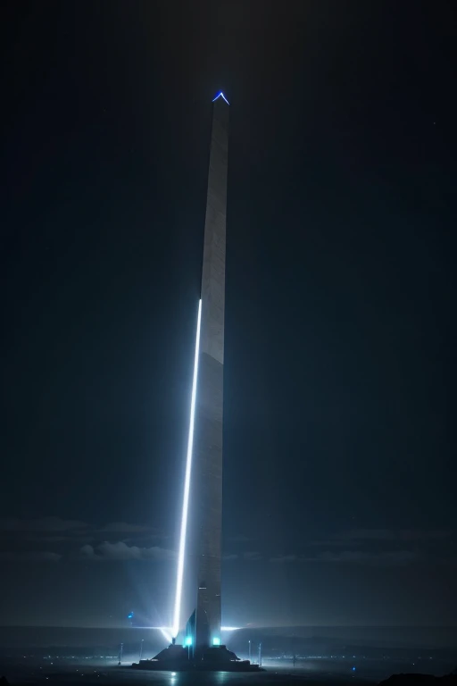 An obelisk stands tall in a futuristic setting. A powerful blue laser beam shoots out from the top, illuminating the surroundings. The sleek and modern design of the obelisk blends perfectly with the high-tech aesthetics of the sci-fi setting. The beam creates a mesmerizing display, casting a vibrant blue glow on the environment. The entire scene is bathed in an otherworldly atmosphere, evoking a sense of awe and wonder. The lighting is expertly crafted to accentuate the details of the obelisk and the surrounding area, enhancing the overall visual impact. The beam itself is rendered with ultra-detailed precision, with each ray of light gracefully scattering through the air. The seamless integration of technology and nature creates a harmonious fusion in this futuristic world.