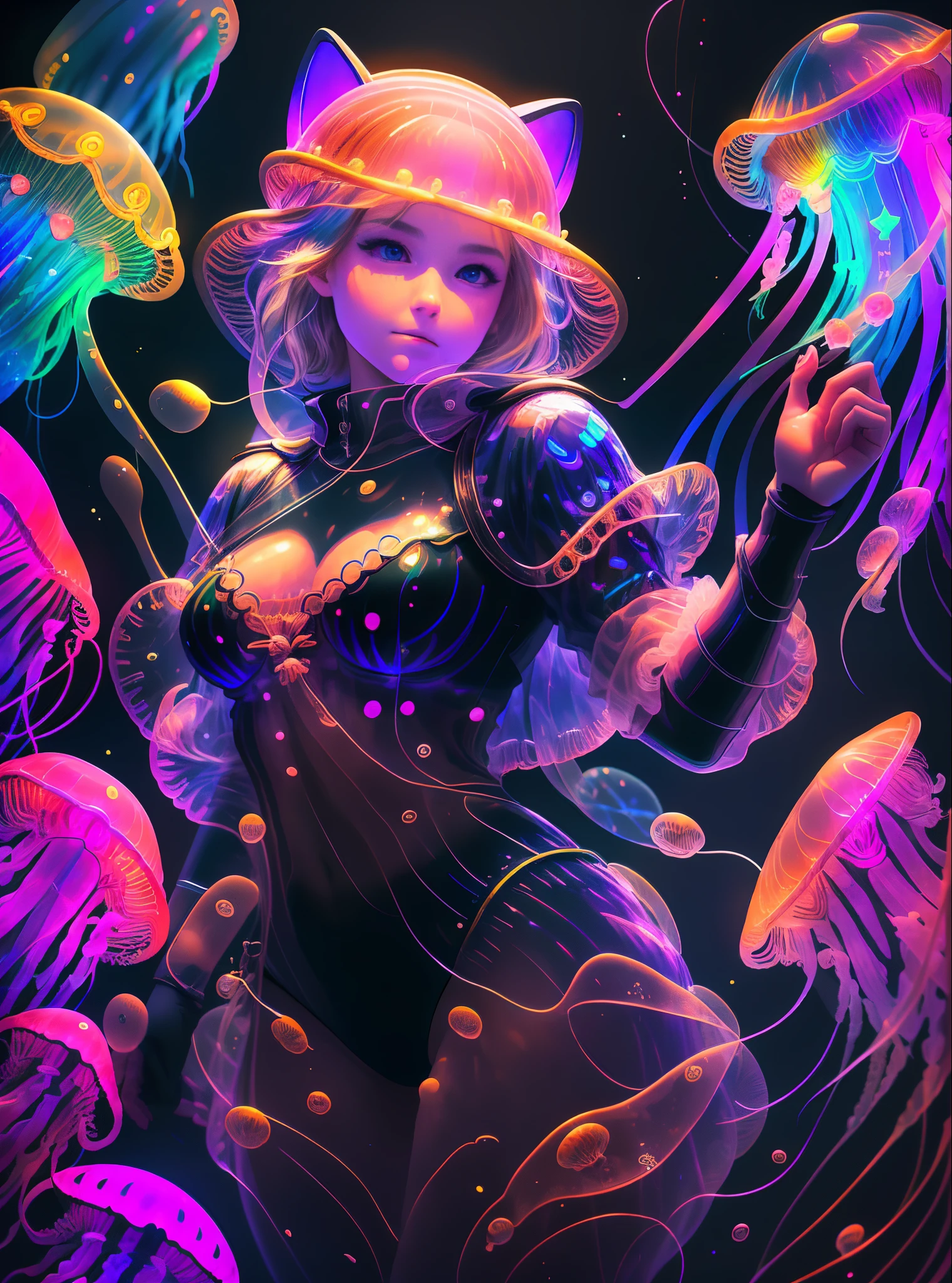 1girl, (Platinum hair:1.3), (cat woman:1.1), Cat ears, Real tails, add_detail, tmasterpiece, Micro bikini under translucent armor, preparing to fight, arm, Blue sword, in deep dungeon, ssmile, Translucent armor, Fighting posture, swords drawn, intaglio, wake, exhilarated, looking at the camera in, fine fabric details, (tmasterpiece:1.2), (best qualtiy:1.2), (The is very detailed:1.2), (very vey very detailed face), (ultra - detailed), 8k,Niji Pride,Large translucent round jellyfish bra,big cleavage breasts,Translucent leg nails,Translucent round jellyfish panties,Translucent round jellyfish head cover,thick thight,BBW,Translucent round jellyfish on each breast,Crotch translucent round jellyfish,Translucent round jellyfish on each shoulder,Translucent round jellyfish cover the head,rendering by octane,HDR,(hyper-detailing:1.15),(softlighting,sharp:1.2), big breasts beautiful,Realistis,1 woman mature,femminine,Tall,short detailed hair,big breasts beautiful,Eyes have fine details,looking at viewert,Beautiful curves,Guviz,(blacklight UV: 1.8), (background inside dark:1.8),(Black light art: 1.8),uv