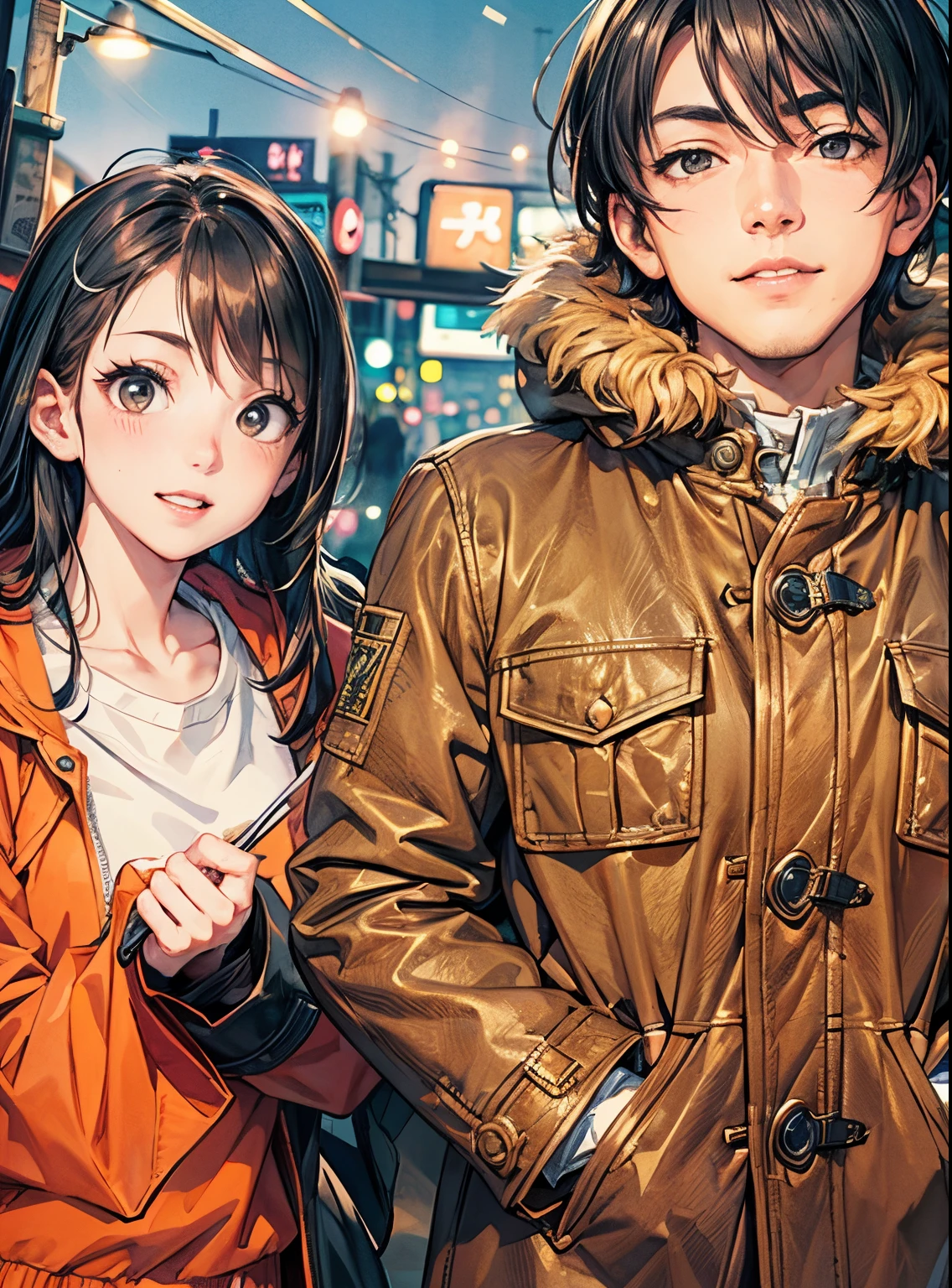 (masutepiece), Natural light, Photorealistic, Cameltoe, diffuse glow, depth of fields, big eye、Black eyes、profetional lighting、japanes、The background is a night view、A smile、The Man on the Right、the man has sharp eyes、The hood of a man's coat has fur、