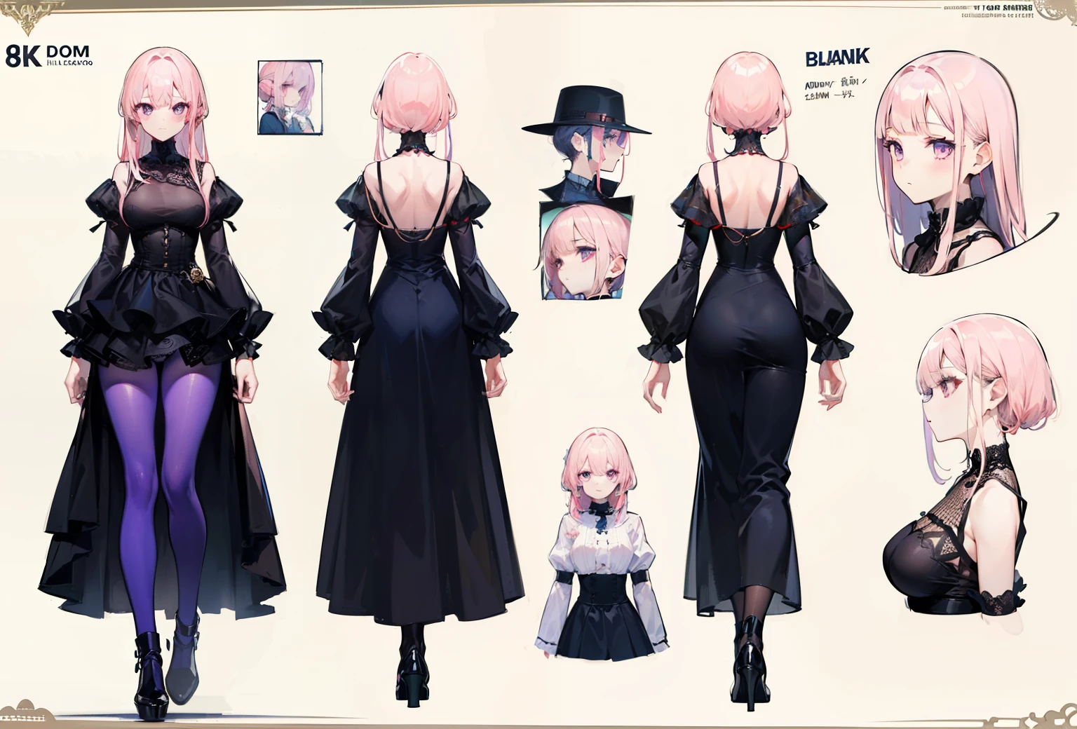 (((8K,top-quality)))1 young girl, character sheets, concept-art, full body Esbian, (​masterpiece:1.2), (Top image quality:1.3), 1girl in, is standing, length hair,Adulterous demons,Light pink hair,purple eyes arrive,