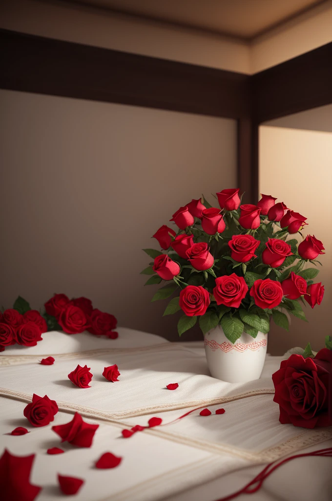 Red roses and red silk thread fill the room，ultra-realistic realism