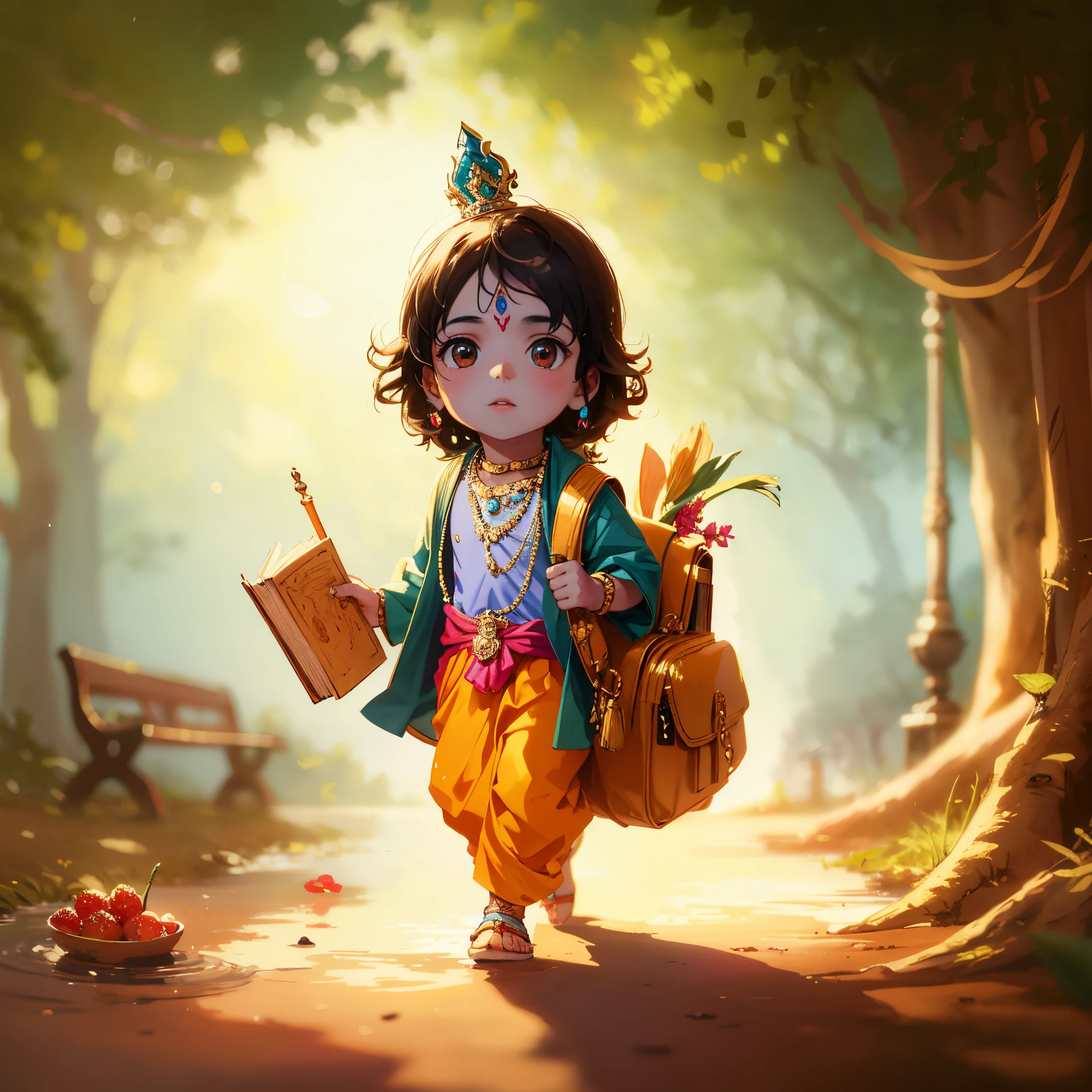Lord Krishna going to school , carrying a school bag and some books in his hand.,masterpiece, best quality, 8k, absurdres, water surface, summer, noon, sunlight, blue sky, perspective, depth of field, highres, fine details, ultra-detailed, (best quality, masterpiece, ultra-realistic),(((Masterpiece))), (((Best quality))), ((Ultra-detailed)),(Highly detailed CG illustration), ((An extremely delicate and beautiful)),Cinematic light,young Lord Krishna With Cute Cow Calf Near River,