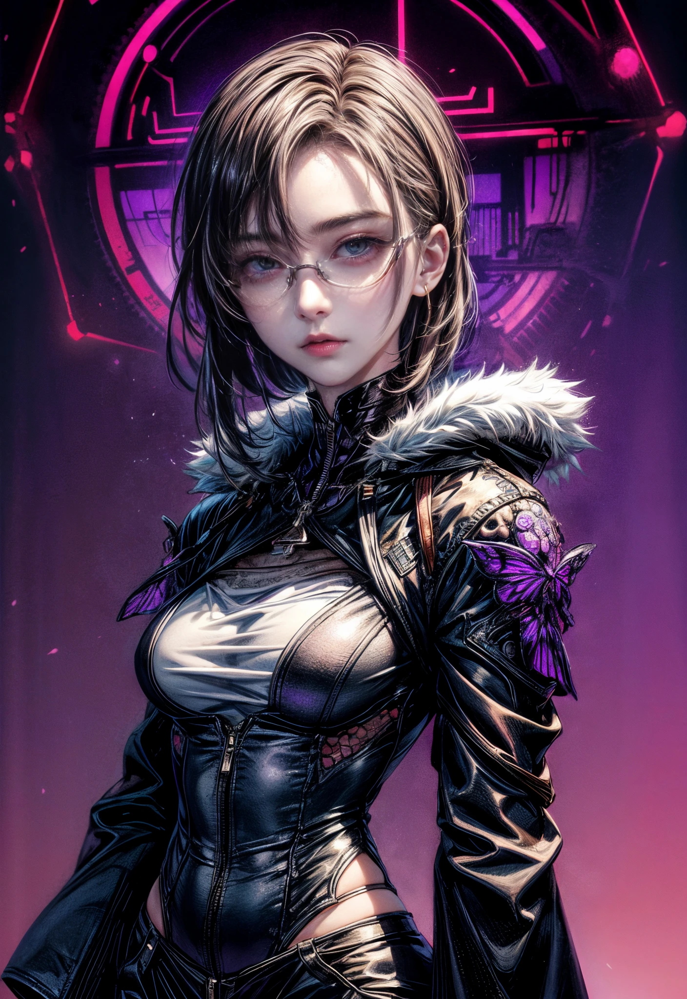 Cinematic lighting,super detailed skin、Beautiful detailed eyes、Best Quality,cyberpunked,(Alternative、dim colors, Soothing tones、Perfect Anatomy:1.3),(1beautiful woman、Detailed beautiful facial features:1.3)(black hair shorthair、eye glass:1.5)well-shaped breasts、BREAK.White Shirt Tops、Black Satin Suit Slacks、(purple fur down jacket)BREAK.A dark-haired、big frame glasses、hands in the pocket、arms in arms、Near city station、natta。jpn, huge tit