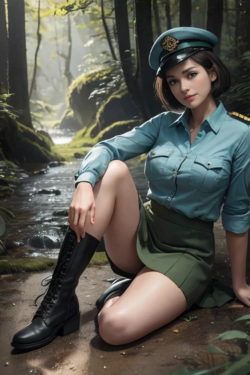 (realistic:1.3), insane detailed, quality, (masterpiece:1.2), (photorealistic:1.2), (best quality), (detailed skin:1.3), (intricate details), ray tracing, (((full body))), ((1woman)), (((1 person))), 25 years old, short hair, smile, wearing light blue shirt military uniform, short skirt, upskirt, military hat, boots, black boot shoes, (green forest background), ((eyes on camera)), Breast cleavage, medium breast