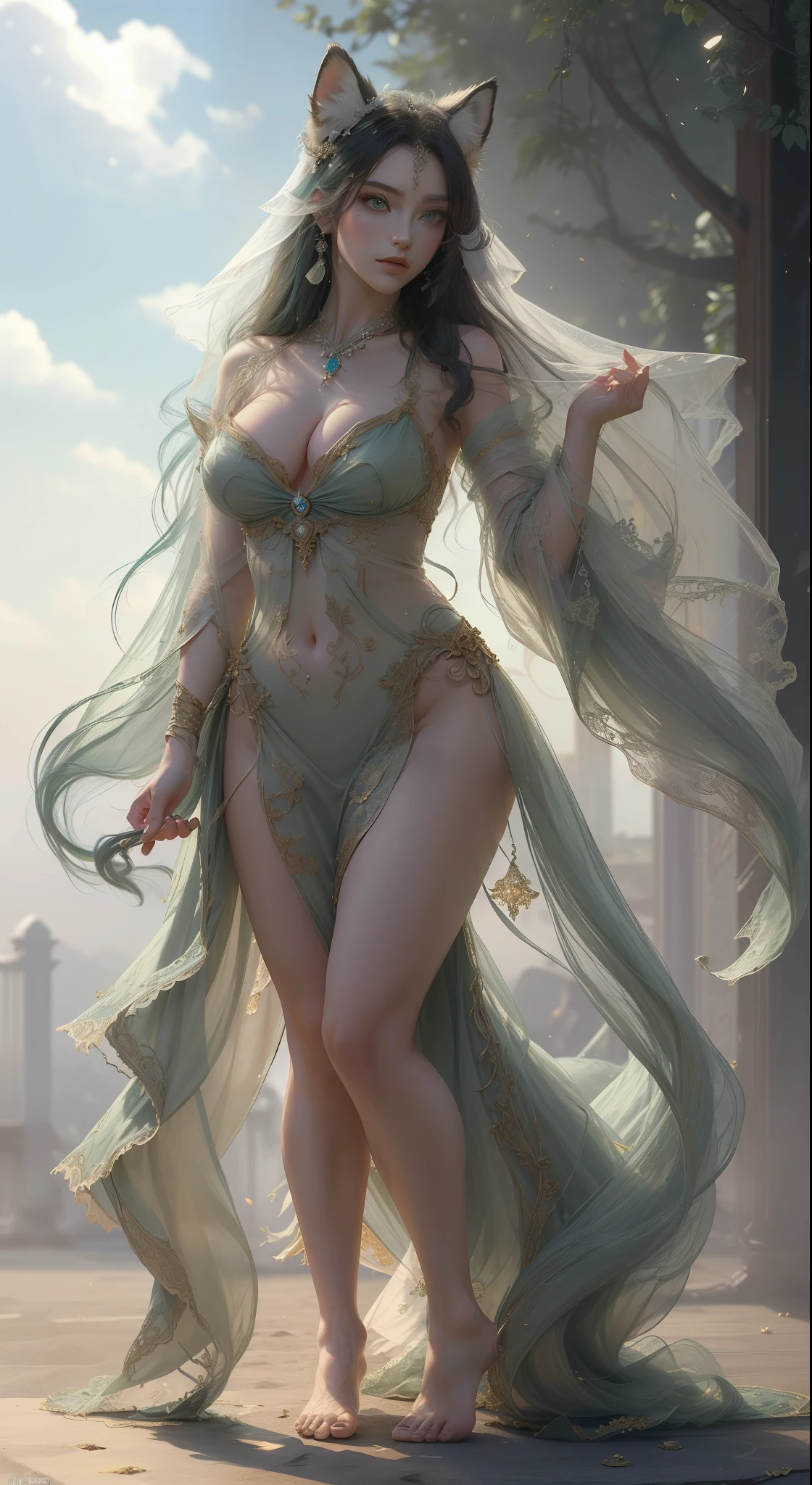 Body is extremely normal,tmasterpiece,Highest image quality,The graceful kneeling posture of the noble dancer,Exquisite hairstyle for long hair,clear green eyes,(fox ear,furry tail),(veils),barefoot manicure,Ultra-detailed details,advanced。At the Pixiv Art Station,Break your own power,Luigi,Big breasts exposing cleavage,R-18G