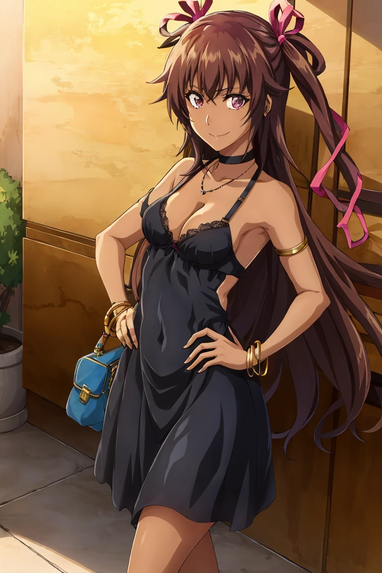 (1girl, solo:1.1), detailed eyes,a pretty sexy style woman, smile, looking at viewer, masterpiece, best quality, highres, mizuki yukikaze, hair ribbon, dark skin, tan, small breast, cleavage, dress, bra, jewelry, golden dress, bare shoulders, earrings, armlet, bracelet, high heels, handbag, luxury, celebrity, cowboy shot, hand on hip, street,